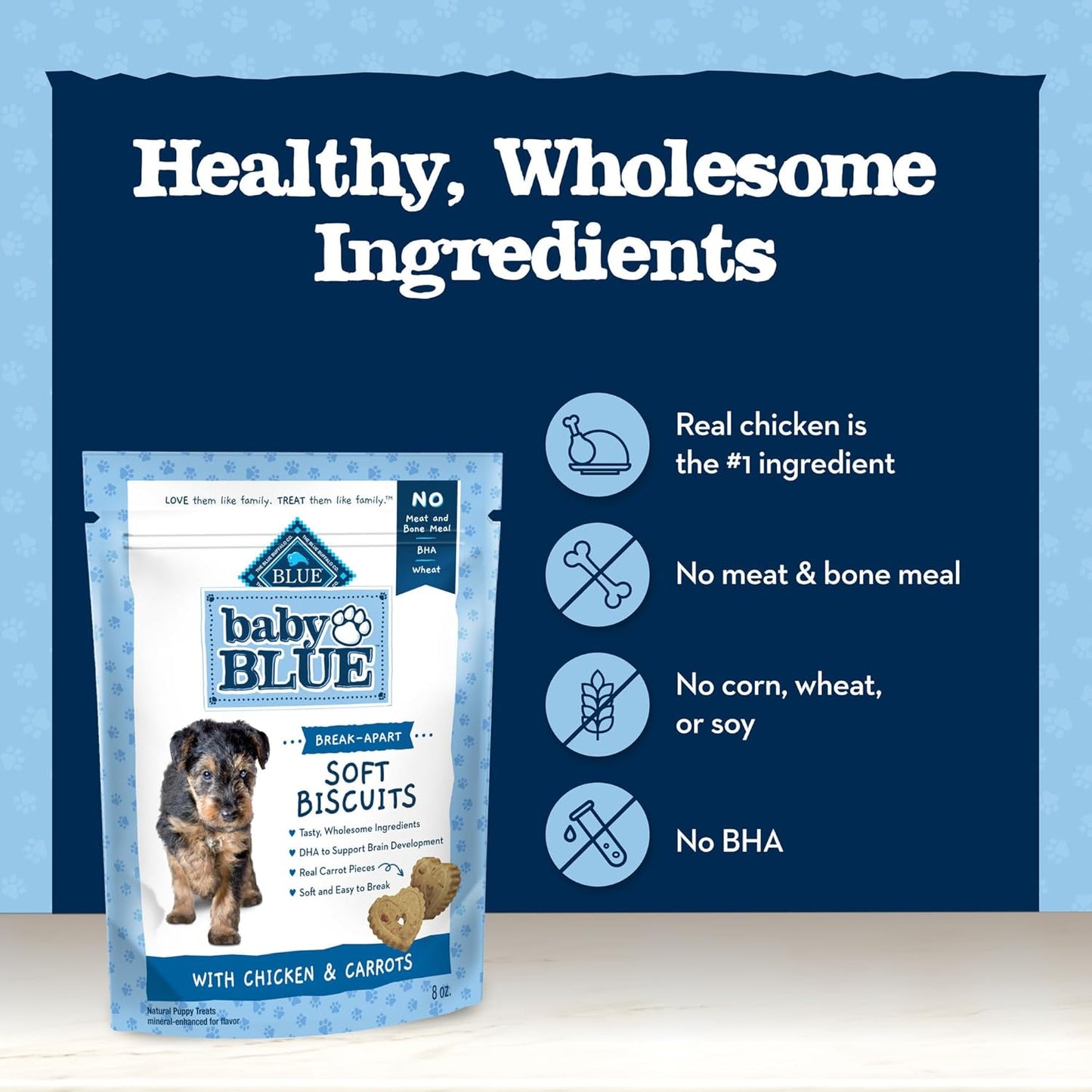 Baby BLUE Soft Biscuits with DHA, Natural Dog Treats for Puppies, Great for Training, with Chicken & Carrots, 8-Oz. Bag