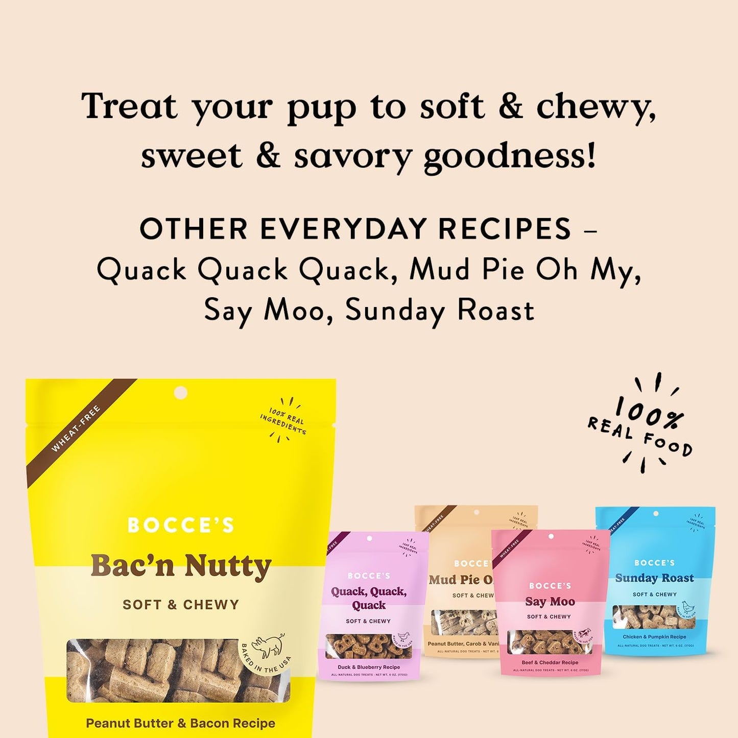 Bac'N Nutty Soft & Chewy Dog Treats, Wheat-Free PB & Bacon Flavored All Natural Limited Ingredient Oven Baked Cookies for Dogs, 6 Oz Bag