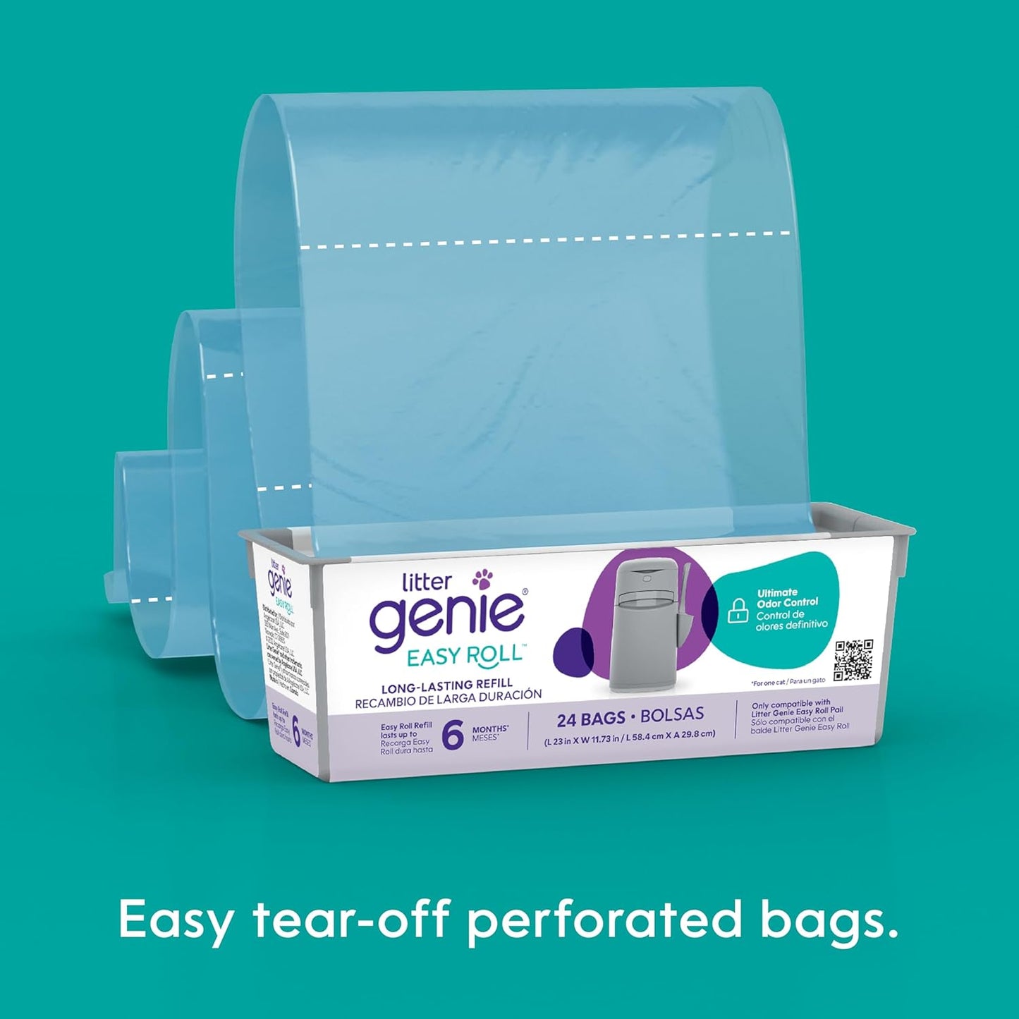 Easy Roll Refill Bags (1-Pack) | up to 6 Months of Supply in 1 Roll of 24 Tear-Off Bags | Ultimate Odor Control Cat Litter Bags