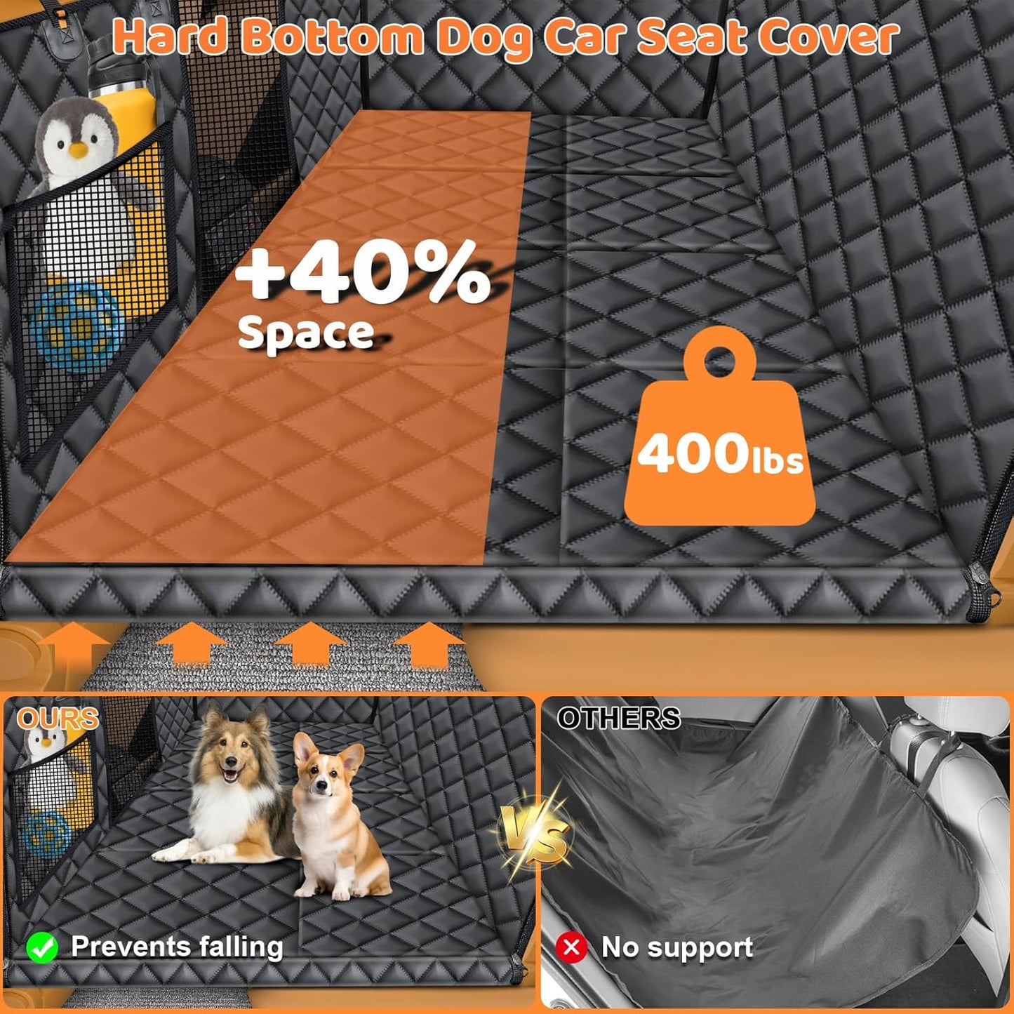 Back Seat Extender for Dogs - Hard Bottom Dog Car Seat Cover with 1PC Leak-Proof Pee Pad, Foldable Dog Hammock for Car, SUV, and Truck, Pet Rear Seat Protector Dogs Travel Bed with Mesh Window