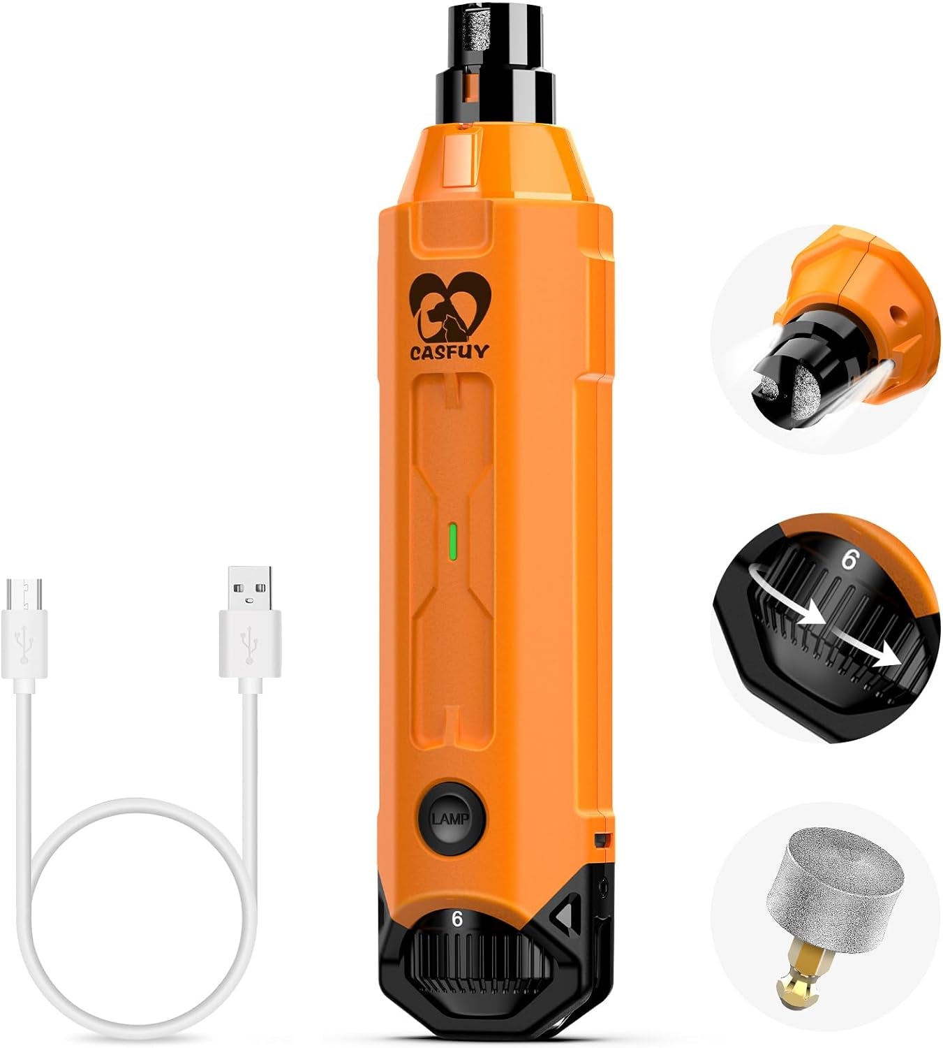 6-Speed Dog Nail Grinder - Newest Enhanced Pet Nail Grinder Super Quiet Rechargeable Electric Dog Nail Trimmer Painless Paws Grooming & Smoothing Tool for Large Medium Small Dogs (Orange)