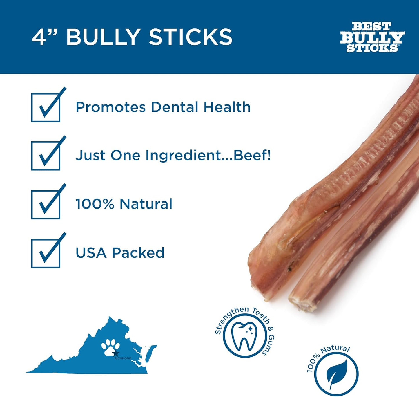4 Inch Bully Sticks - 8 Oz (Pack of 1) - Natural Grass-Fed, Grain and Rawhide Free, Ideal for Small or Young Canines