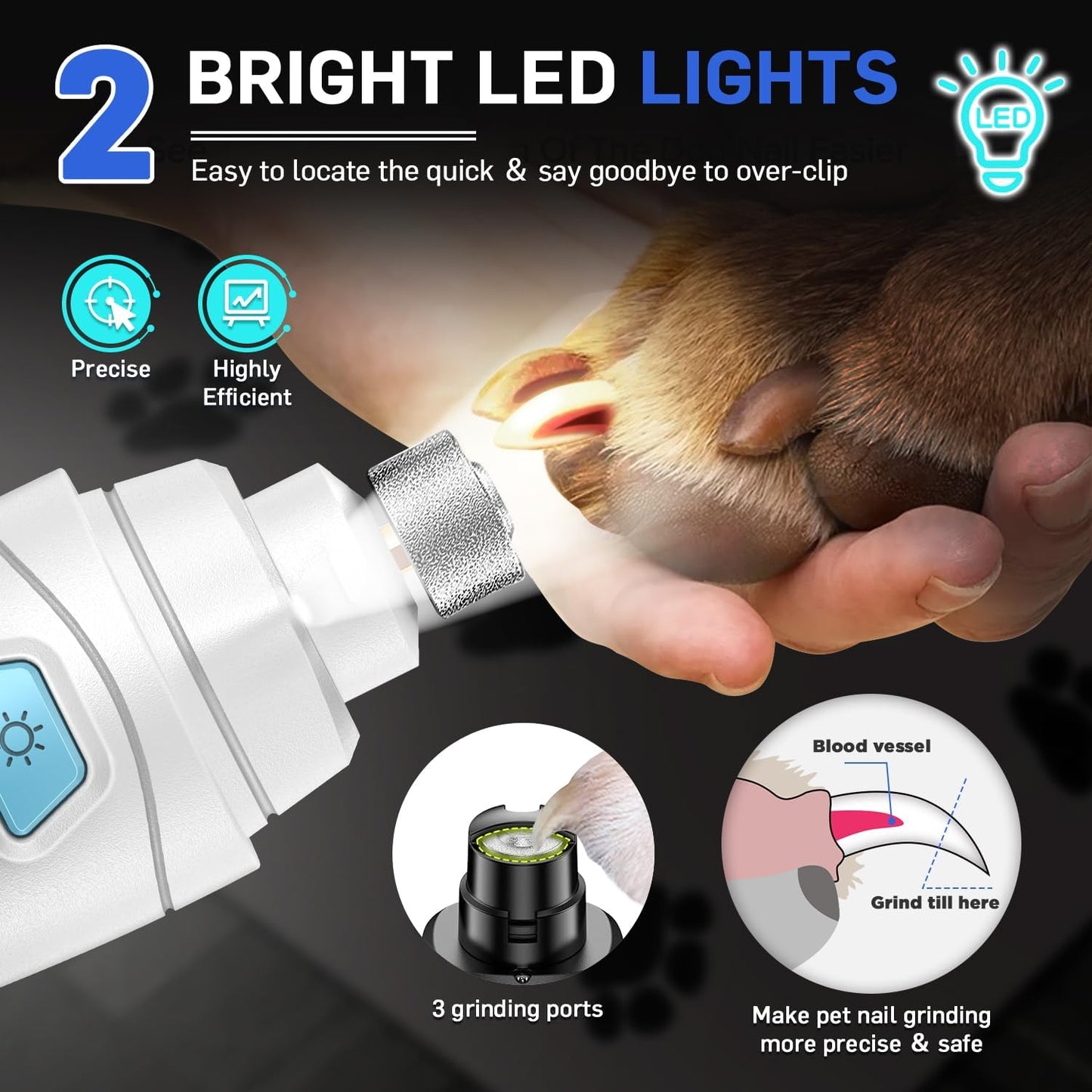Dog Nail Grinder Super Quiet Dog Nail Trimmers 3 Grinding Wheels 3 Speed Rechargeable Pet Nail Grinder LED Display Dog Nail Clippers Kit for Large Medium Small Dogs Cats Dog Nail File Toenail Clippers