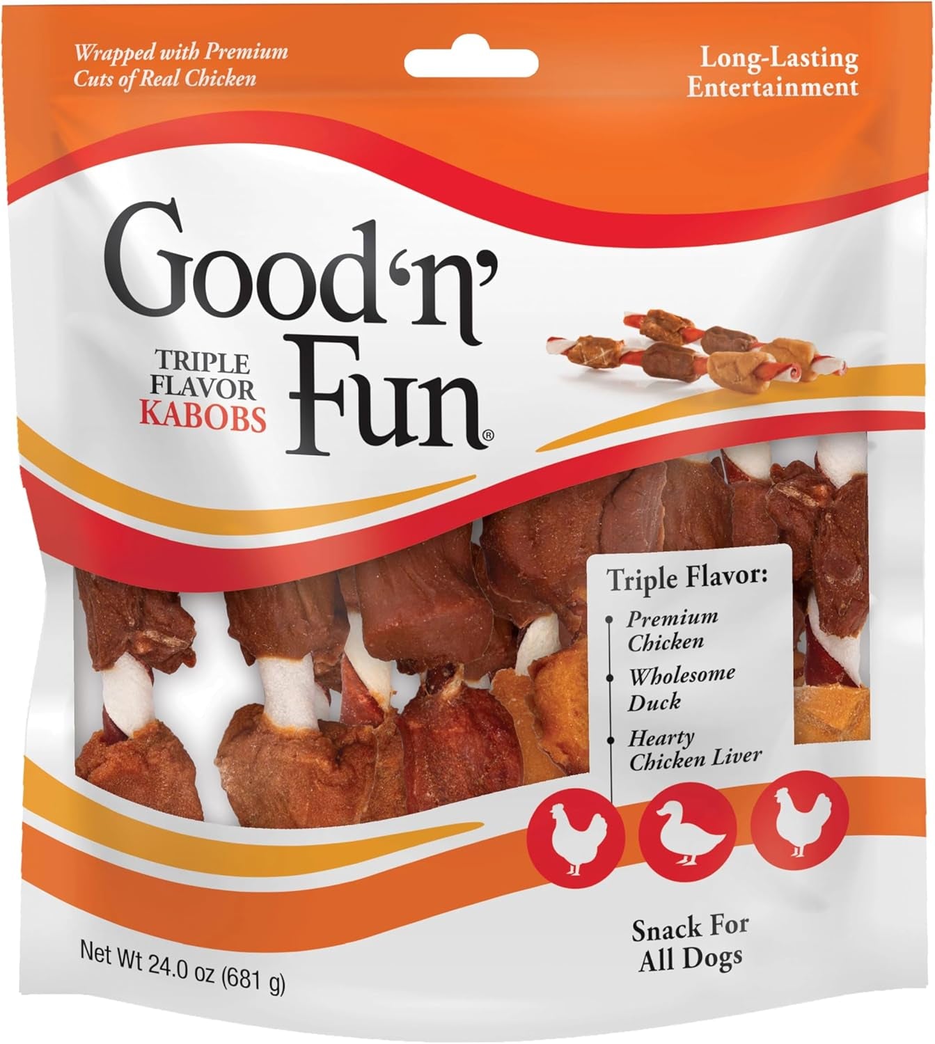 Good'N'Fun Triple Flavored Rawhide Kabobs for Dogs, 24 Oz, 36 Count, 2 Pack