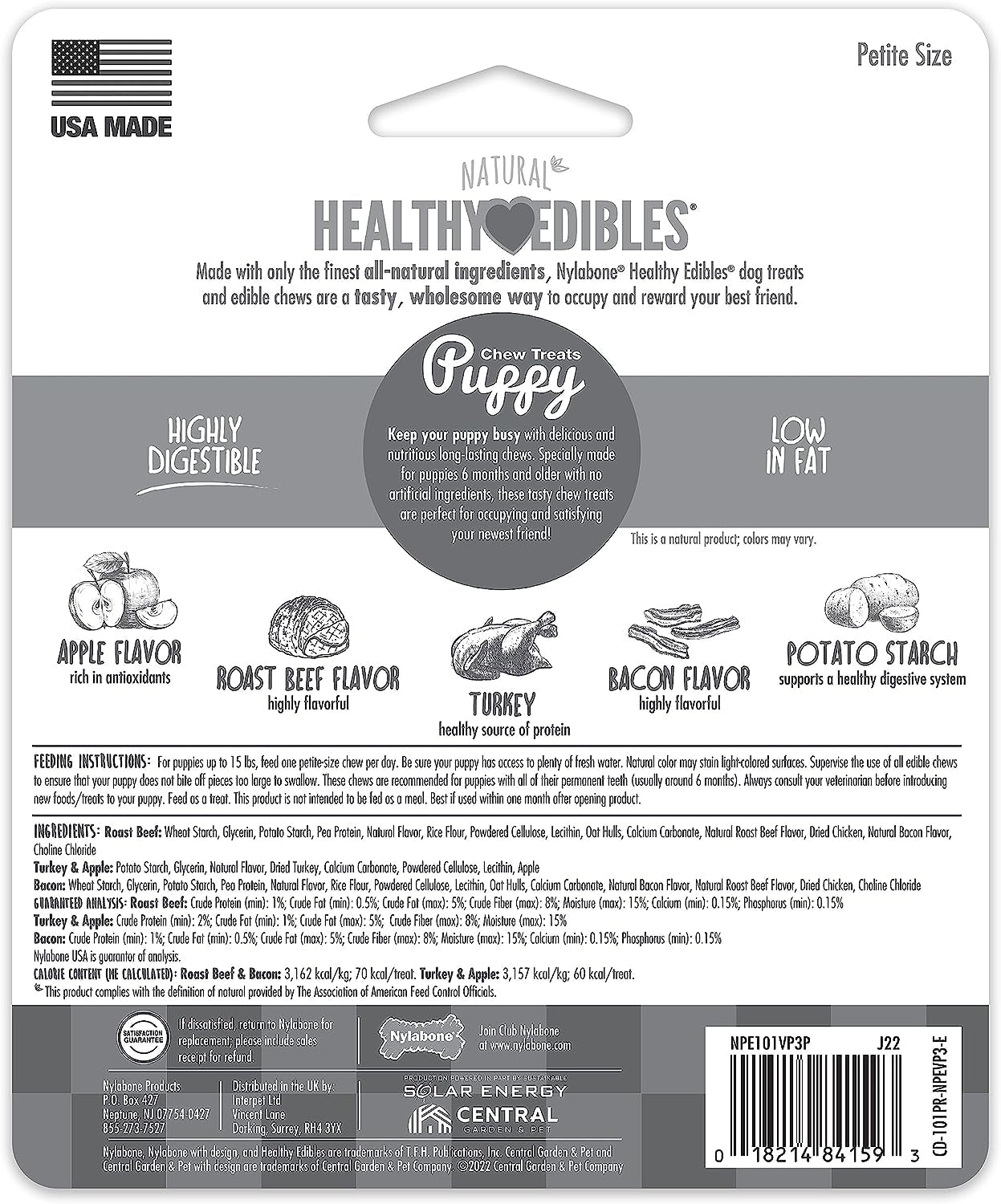 Healthy Edibles Natural Puppy Chews Long Lasting Treats for Puppies, Roast Beef, Apple & Bacon Flavor, X-Small/Petite (3 Count)