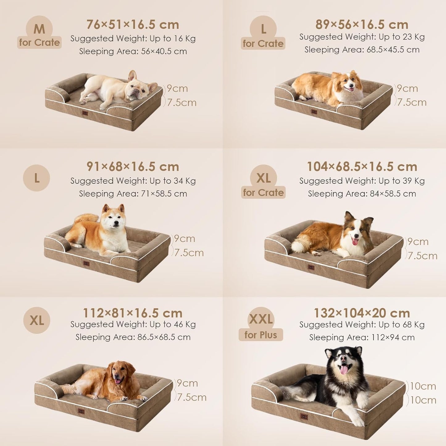 Orthopedic Dog Beds for Extra Large Dogs, Waterproof Memory Foam XL Pet Bed with Sides, Non-Slip Bottom and Egg-Crate Foam Big Dog Couch Bed with Washable Removable Cover, Beige
