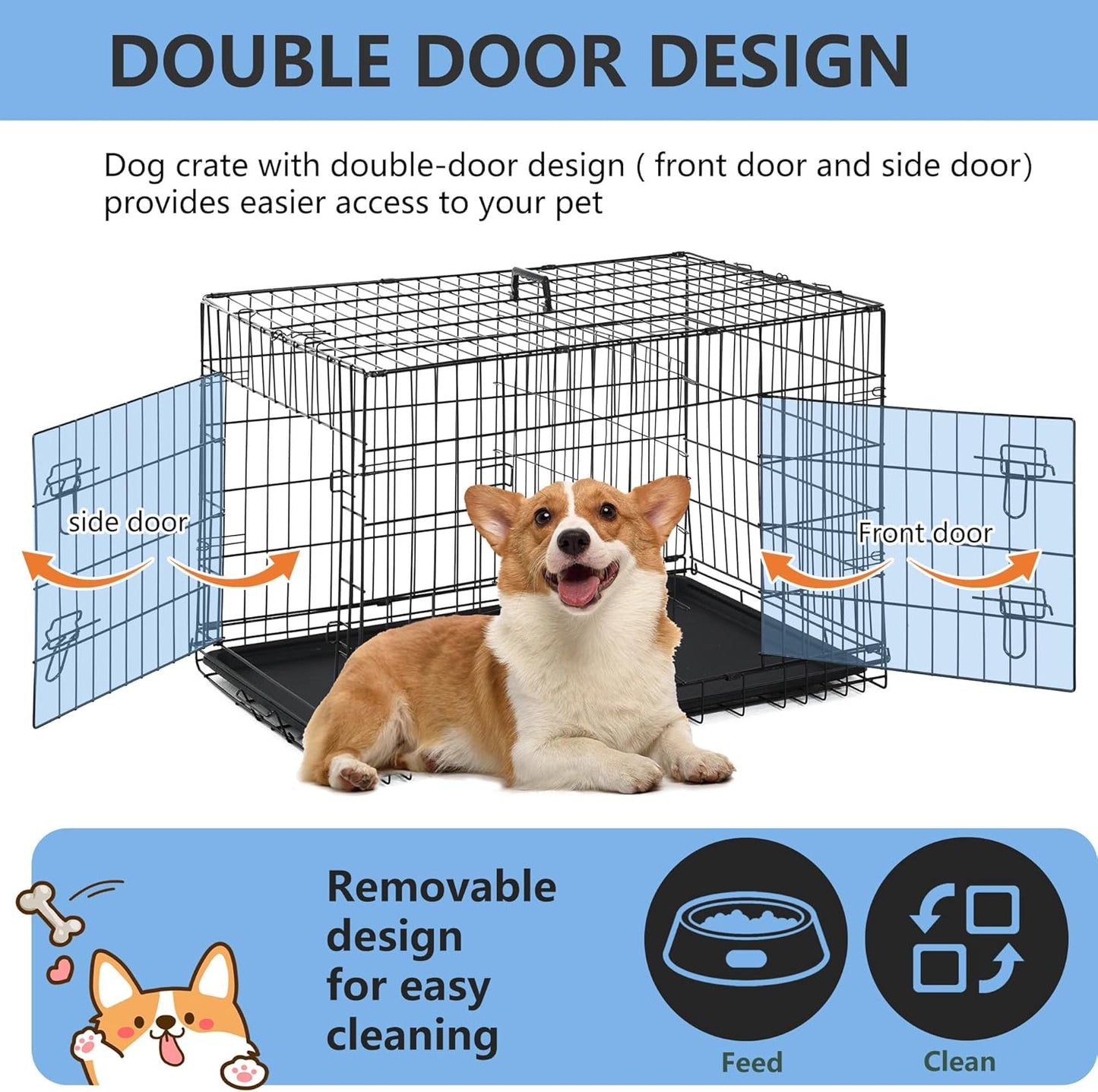 30 Inch Dog Crate Dog Kennel Cage with Double Door Folding Metal Wire Dog Cage with Removable Tray&Divider Panel,Pet Crate for Medium Dogs,Black