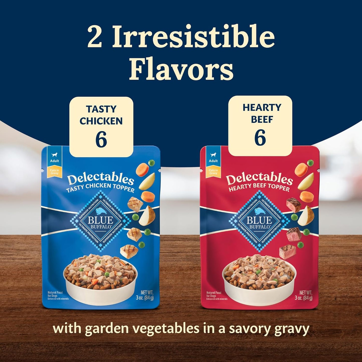 Delectables Natural Wet Dog Food Toppers Variety Pack, Tasty Chicken & Hearty Beef, Cuts in Gravy, 3-Oz. (12 Pouches, 6 of Each Flavor)