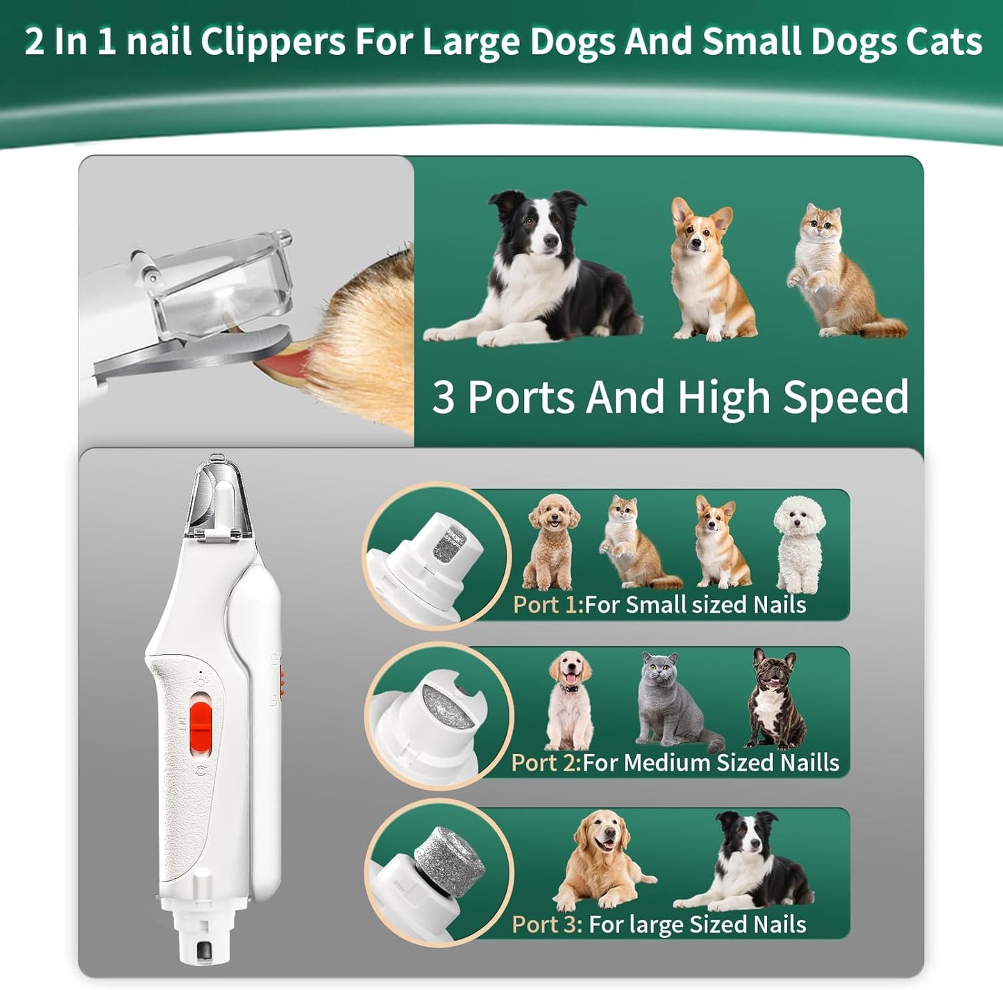 2-In-1 Cat Nail Clippers & Dog Nail Clippers Trimmers for Large Medium Small Dogs Cats Claw Trimmer Quick Sensor and Safety Guard USB Rechargeable with 2 LED Lights Dogs Nail Trimmer