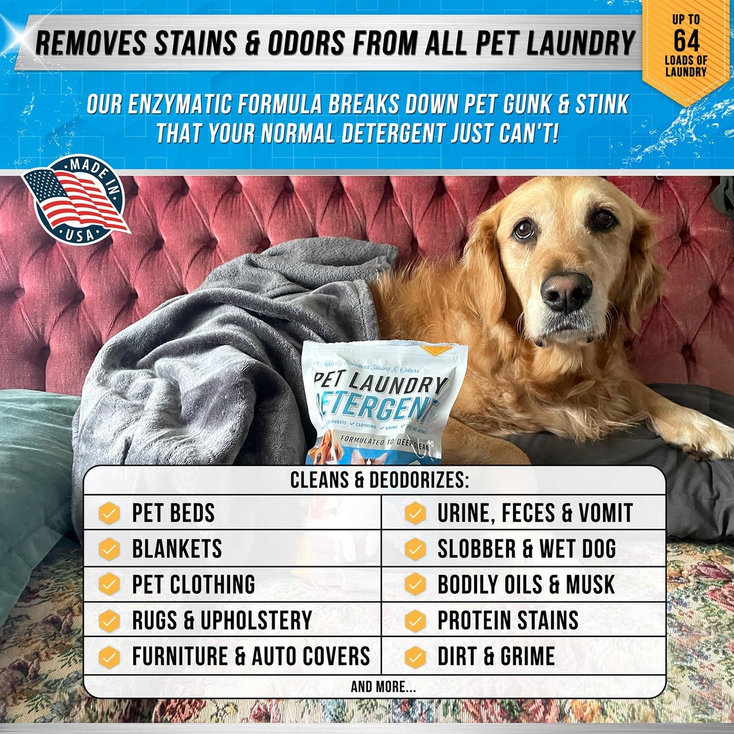 Pet Laundry Detergent Odor Remover - Enzyme Based Powder Detergent for Dogs Beds, Cat Pee, HE Washer Friendly Natural Enzymatic Deodorizer, Urine, Smell, Dog Drool, Stain Eliminator - 64 Loads
