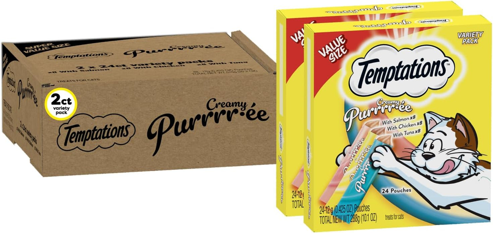 Creamy Puree Squeezable Lickable Wet Cat Treat Variety Pack, 0.42 Oz. Tubes, 24 Count, Pack of 2 (48 Total)