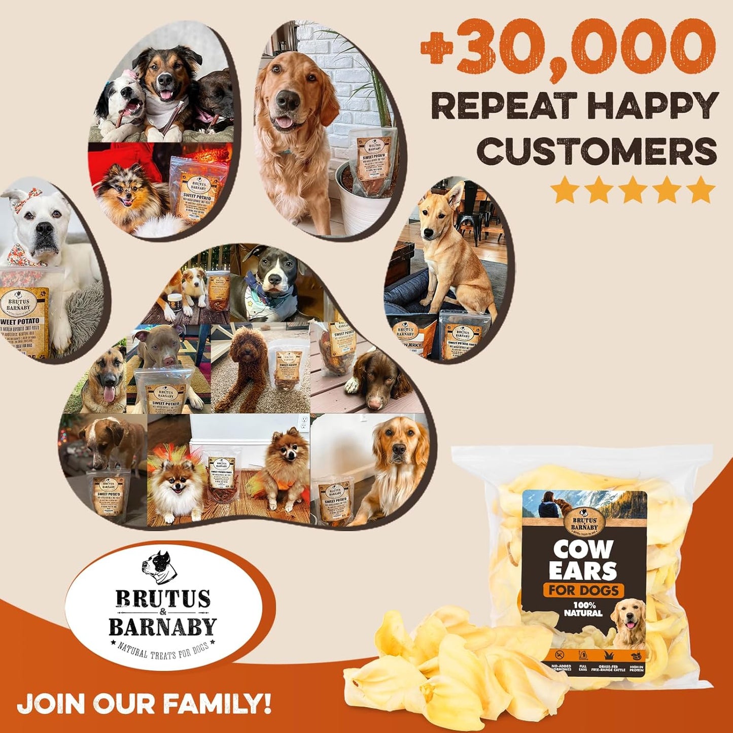 Cow Ears for Dogs – Whole Ears 12 Ct, Thick Cut, Grass-Fed Angus Beef, All-Natural No-Rawhide Dog Treat Alternative