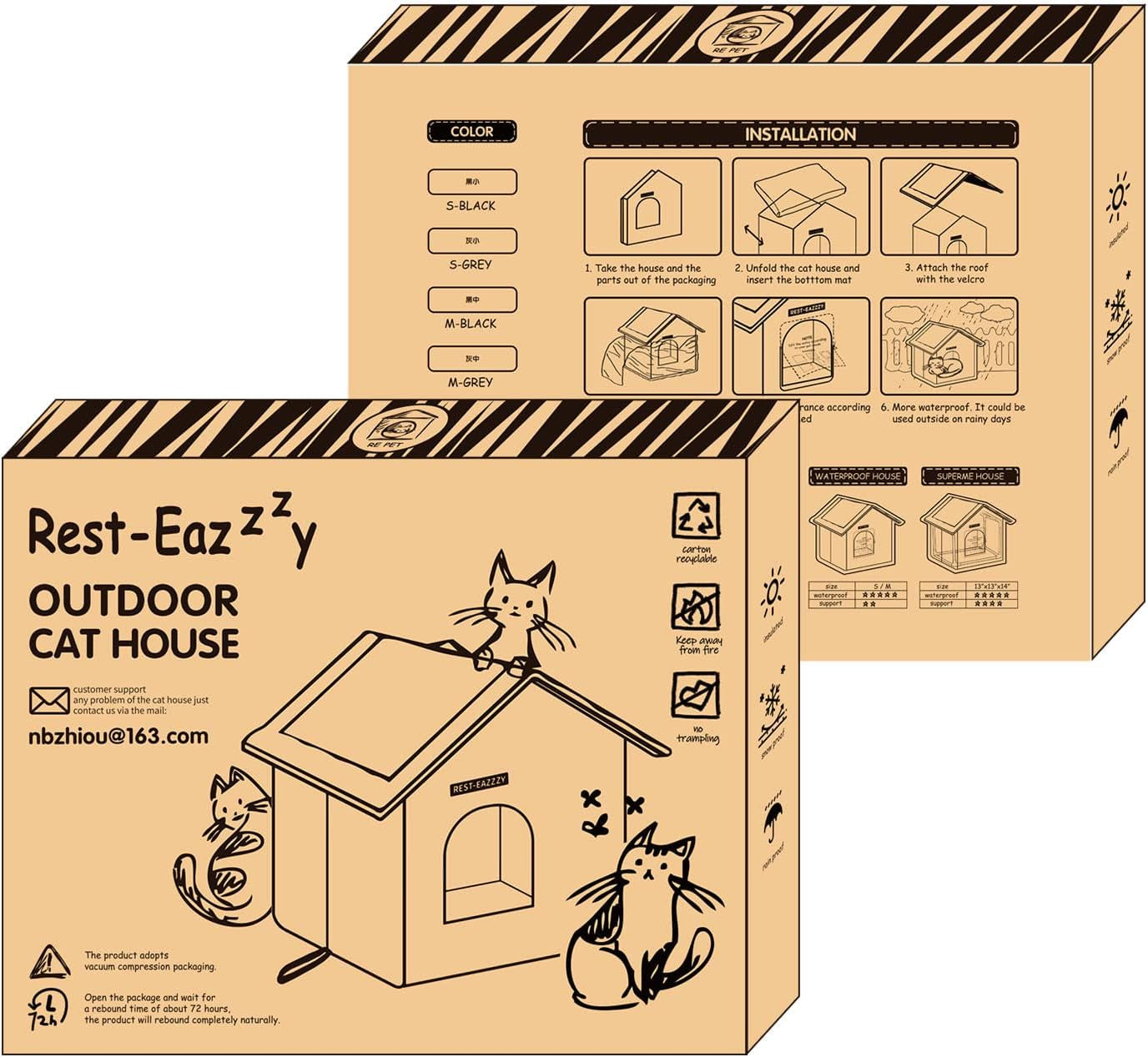 Cat House for Outdoor Cats, Weatherproof and Insulated Feral Cat House with Mat and Clip, Easy to Put Together, Selfwarming Cat Shelter for Winter(Grey, Waterproof House-S)