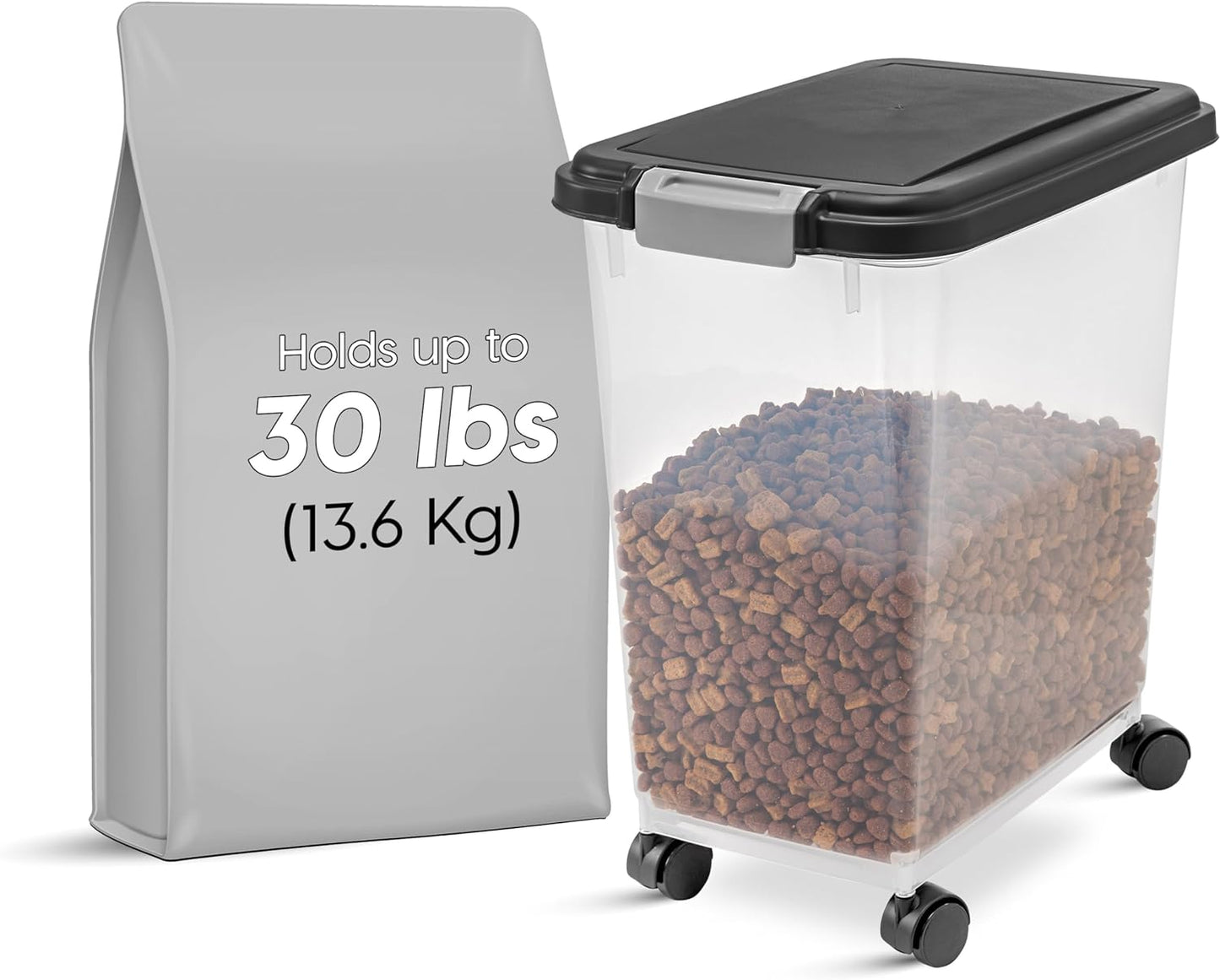IRIS USA Airtight Pet Food Storage Container with Wheels, Black, 30 Lb Capacity - Bpa-Free Clear Plastic Bin with Snap-Lid Seal to Keep Kibble, Pellets or Seeds Fresh for Dogs, Cats and Birds