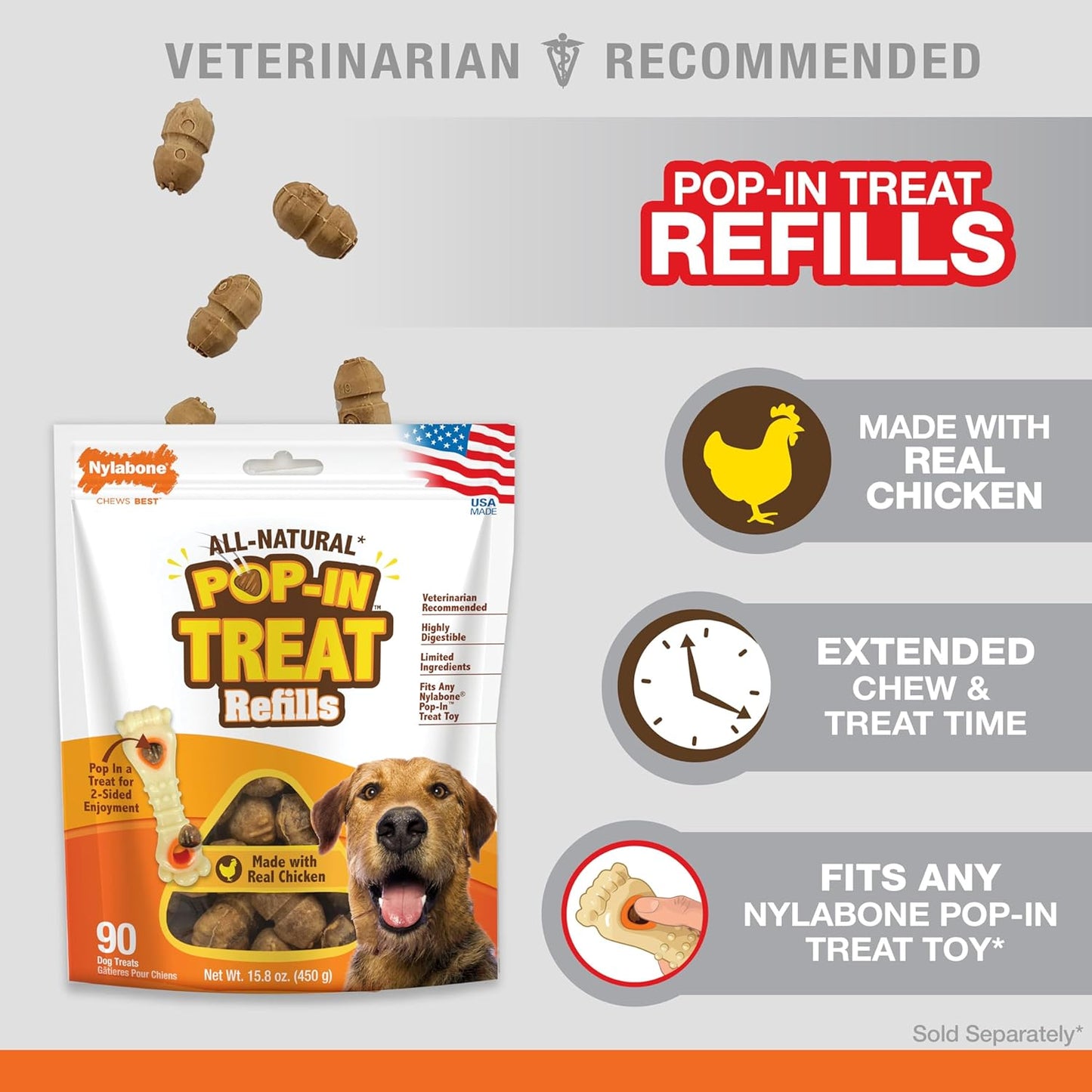 Pop-In Treat-Toy Refill Chews, All-Natural Dog Treats for Treat Dispensing Toys, Chicken Flavor, 30 Count