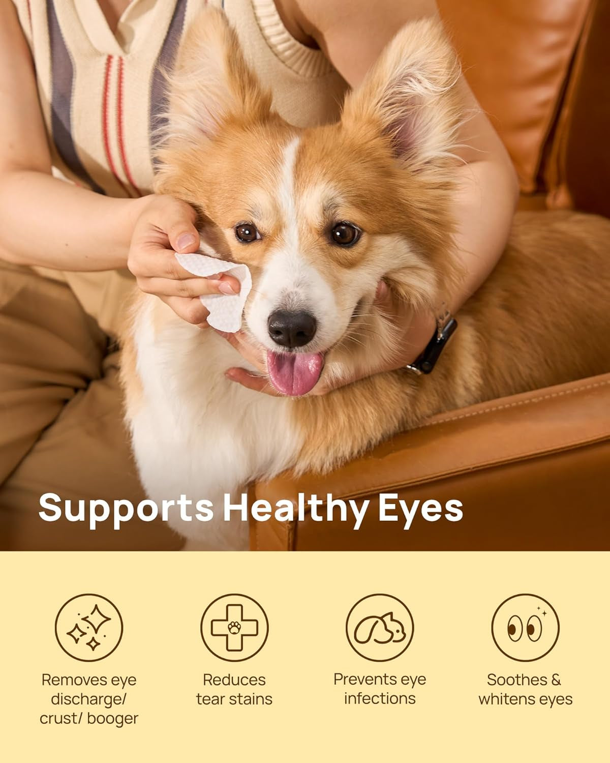 Eyes Wipes for Dogs & Cats - Gently Remove Tear Stain, Debris, Discharge, Crust - Coconut Oil Pet Cleaning Grooming Deodorizing Wipes Wash Cleaner for Eyes, Wrinkle, Face - 100Pcs