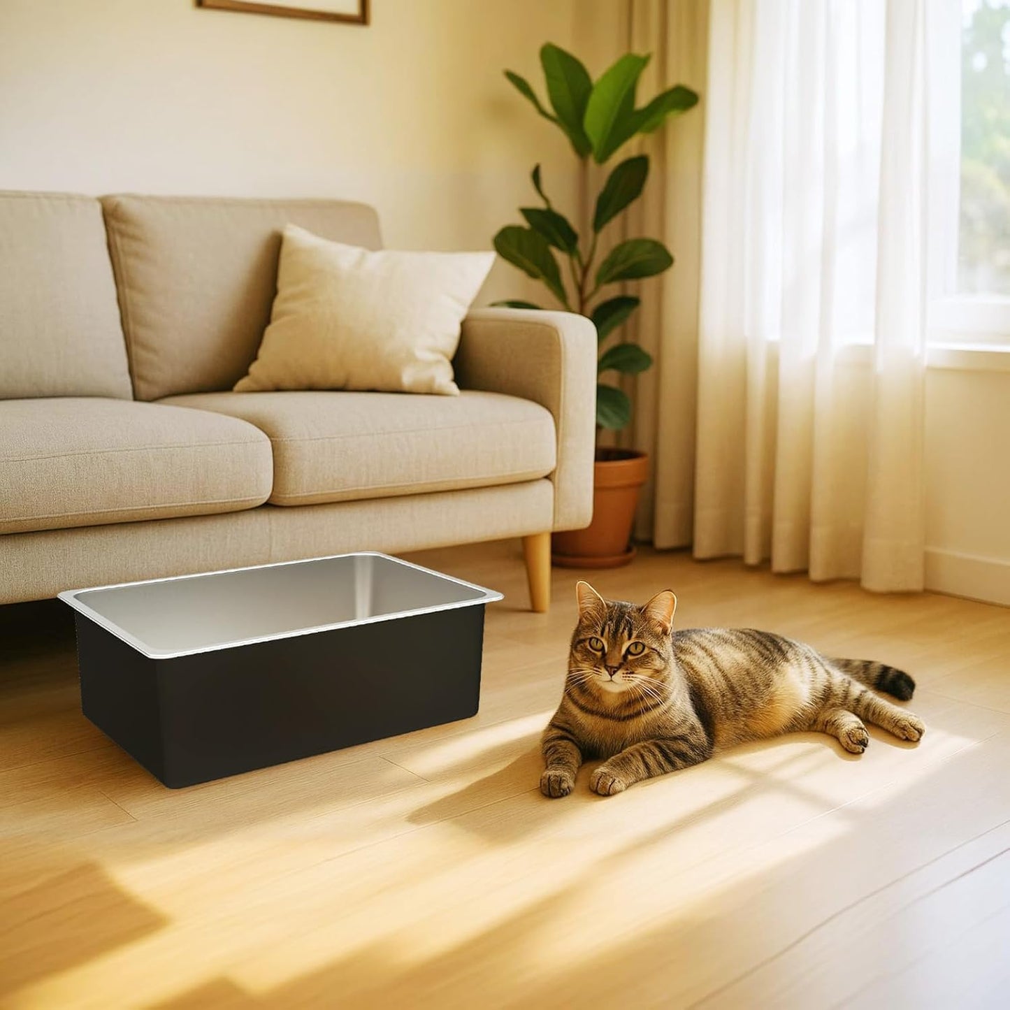 Stainless Steel Litter Box - Metal High Sided Cat Litter Box Pan, Never Absorbs Smell, Easy to Clean Non Stick Cat Litterbox Tray Toilet Pet Supplies for Indoor Kitty, Kitten, Rabbit, Puppy