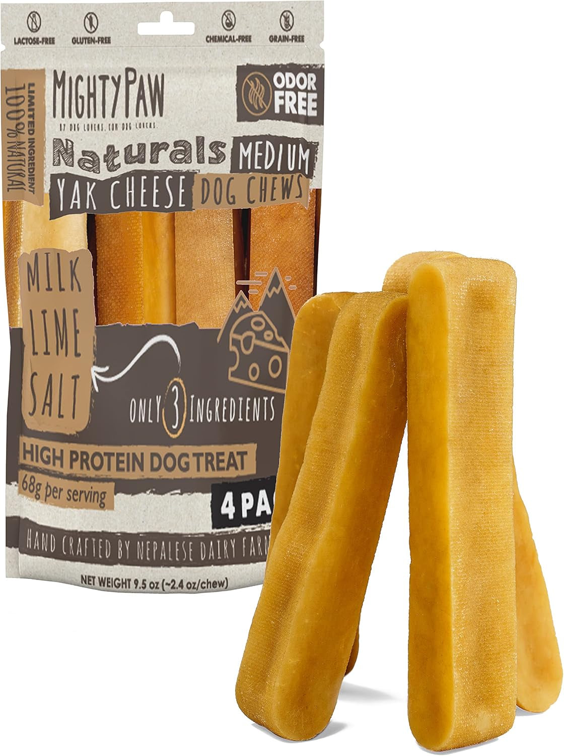 Yak Cheese Chews for Dogs - All-Natural Long Lasting Pet Treats - Odorless Limited-Ingredient Chews for Puppies & Power-Chewers (Medium, 4 Pack)
