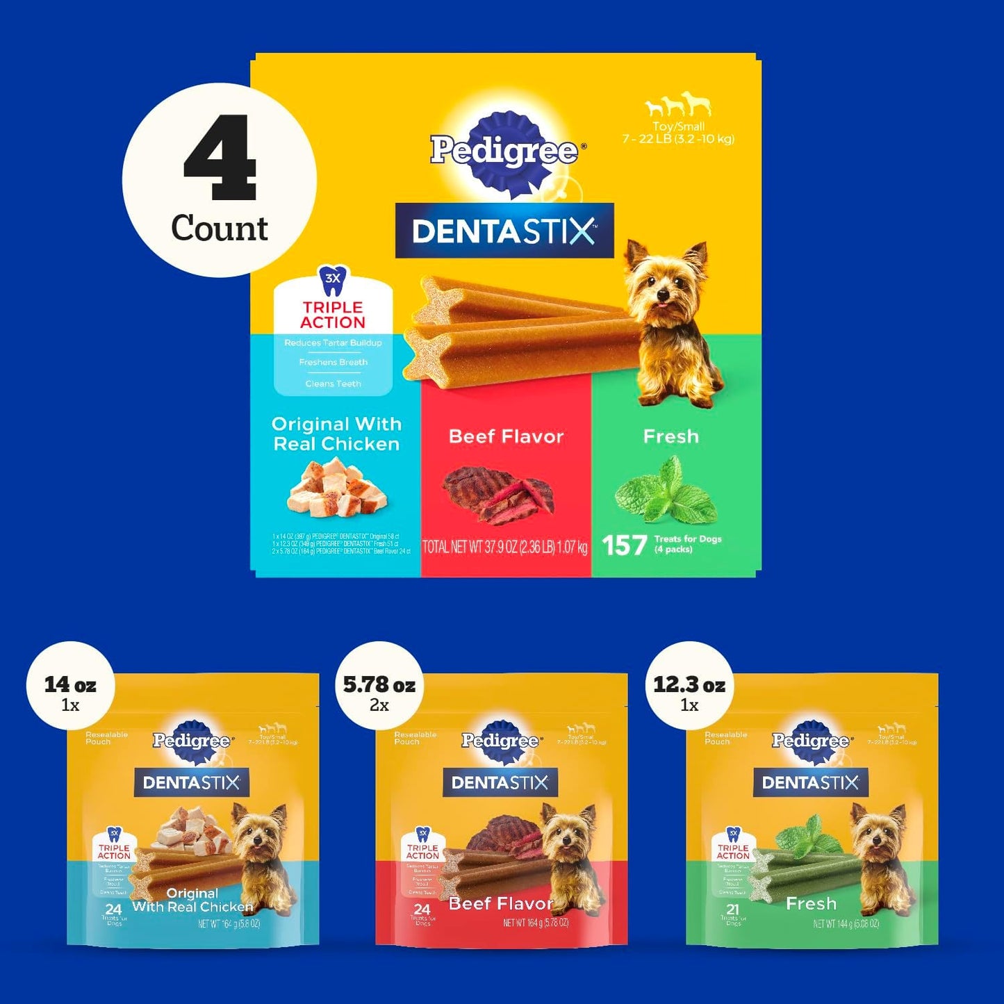 Dentastix Small and Toy Breed Dog Treats, Original, Beef & Fresh Flavor, 2.36 Lb. Variety Pack (157 Treats)