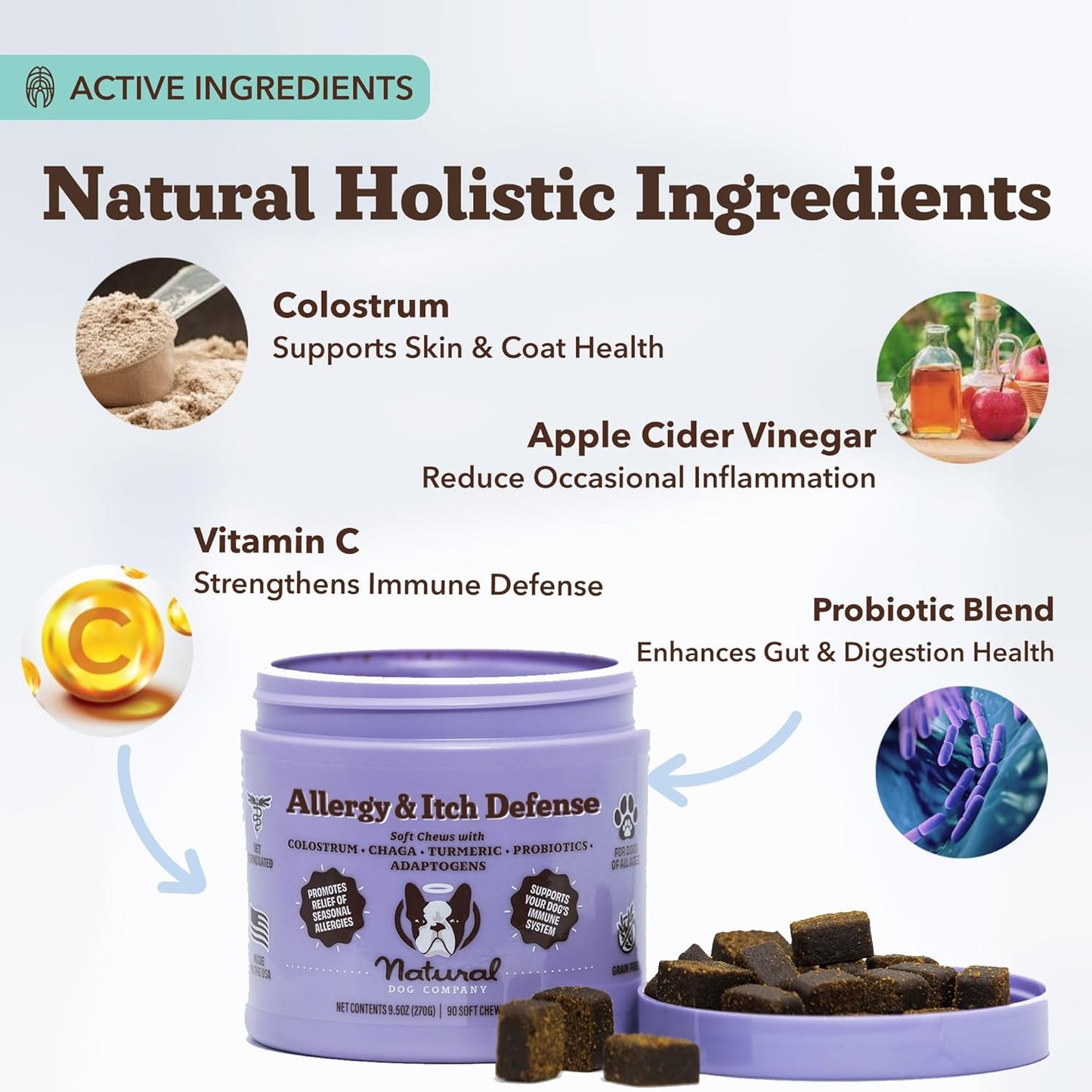 Allergy & Itch Defense Chews – Allergy Support for Dogs, Itch Relief, Skin, Coat & Gut Health with Probiotics, Colostrum & Salmon Oil, Grain-Free Dog Supplement, 90 Ct