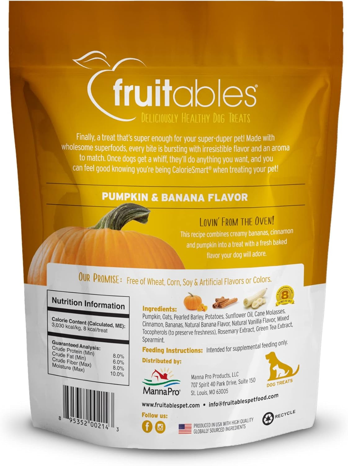 Baked Dog Treats, Healthy Pumpkin Treat for Dogs, Low Calorie & Delicious, Free of Wheat, Corn and Soy, Made in the USA, Pumpkin and Banana Flavor, 7Oz