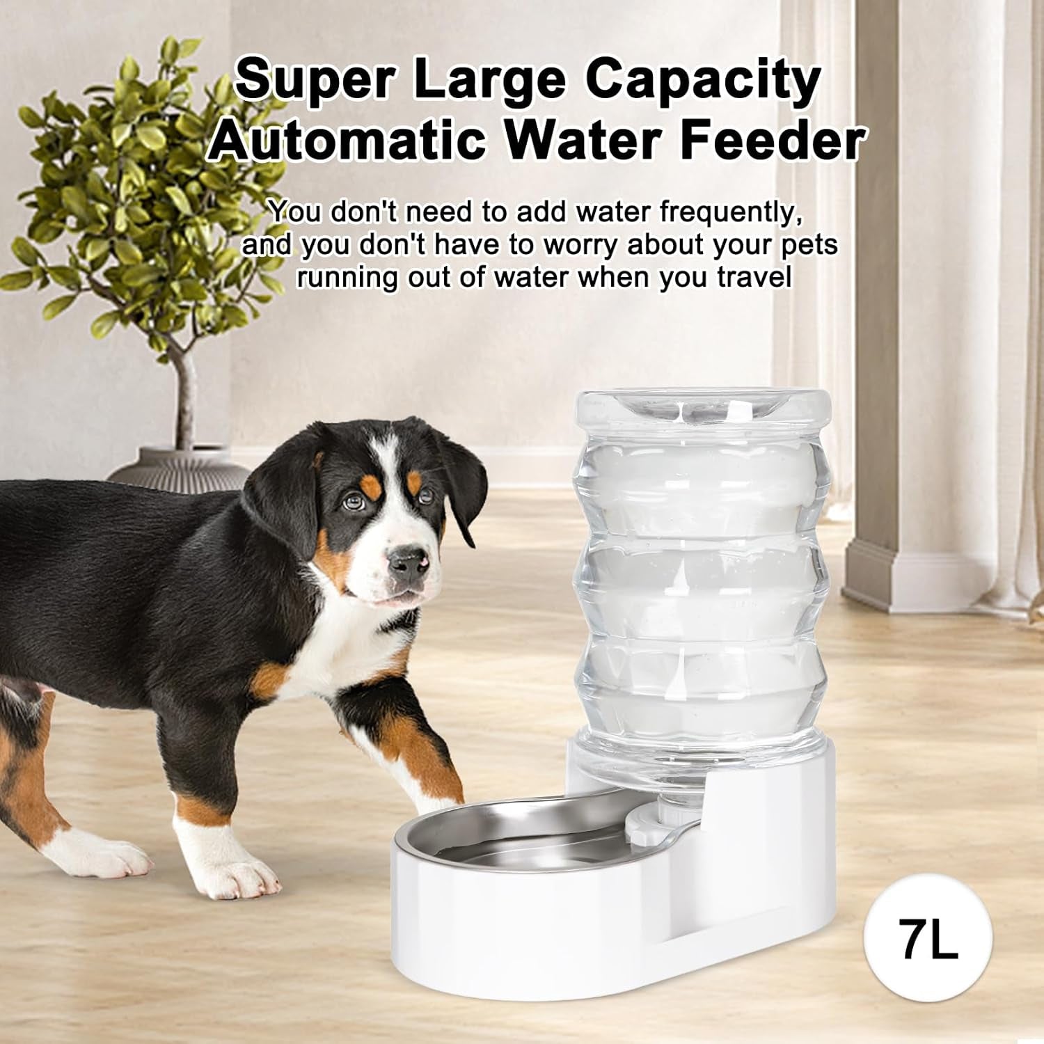 Automatic Gravity Pet Waterer: 7L White Stainless Steel Water Dispenser - Large Capacity Water Feeder for 25-35 LB Senior Dogs with Spinal Issues - for Living Room Bedroom