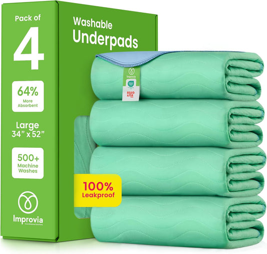 ® Washable Underpads, 34" X 52" (Pack of 4) - Heavy Absorbency Reusable Incontinence Pads for Kids, Adults, Elderly, and Pets - Waterproof Protective Pad for Bed, Couch, Sofa, Furniture, Floor