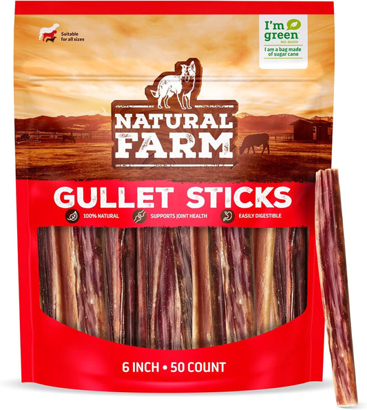 Gullet Sticks (6 Inch, 50 Pack) - One Ingredient Beef Esophagus Chews - Fully Digestible, Promotes Joint & Dental Health, for Pups, Small & Senior Dogs