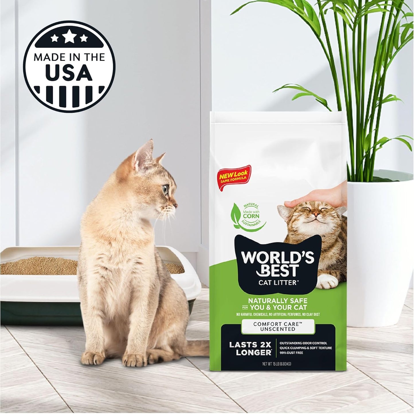 Comfort Care Unscented 15-Pounds - Natural Ingredients, Quick Clumping, Flushable, 99% Dust Free & Made in USA - Long-Lasting Odor Control & Easy Scooping