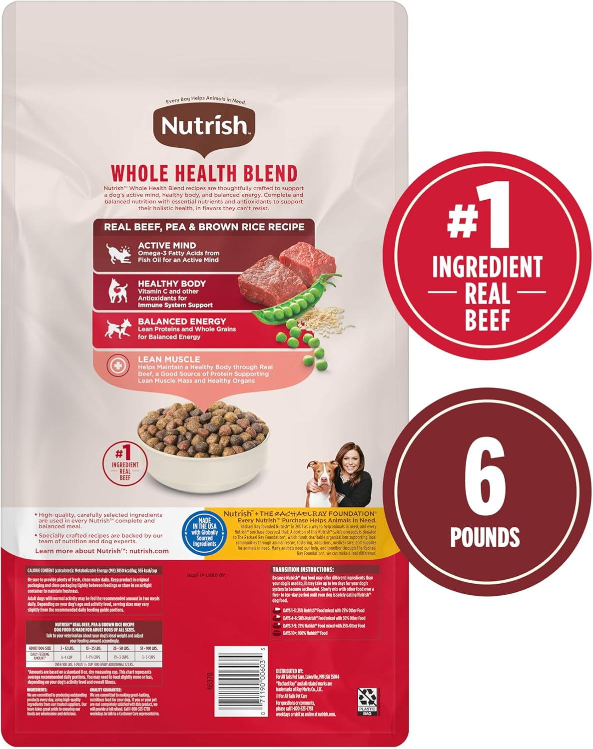Dry Dog Food, Real Beef, Pea & Brown Rice Recipe Whole Health Blend for Adult Dogs, 6 Lb. Bag (Rachael Ray)