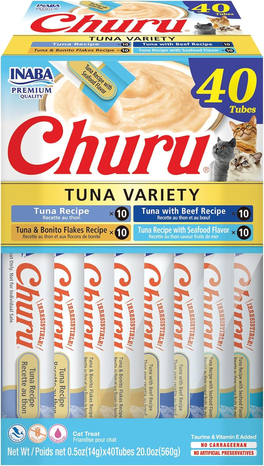 Churu Cat Treats, Grain-Free, Lickable, Squeezable Creamy Purée Cat Treat/Topper with Vitamin E & Taurine, 0.5 Ounces Each Tube, 40 Tubes, Tuna Variety Box