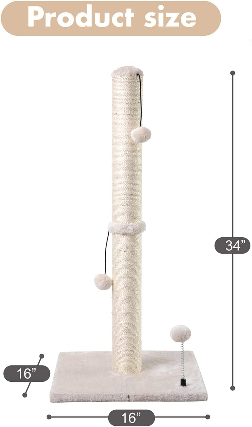 34” Tall Cat Scratching Post Premium Basics Kitten Scratcher Sisal Scratch Posts Trees with Hanging Ball for Indoor Cats, Beige