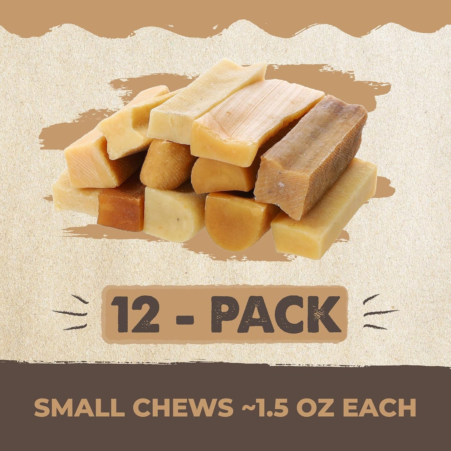 Yak Cheese Chews for Dogs | All-Natural Long Lasting Pet Treats. Odorless and Great for Oral Health. Limited-Ingredient Chews for Puppies & Power-Chewers (Small, 12 Pack)