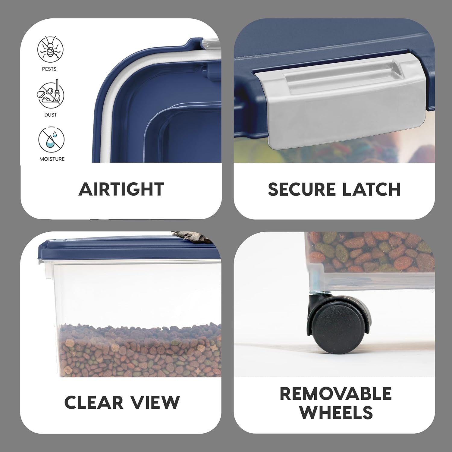 2-Piece 41 Lbs / 45 Qt Weatherpro Airtight Pet Food Storage Container Combo and Treat Box for Dog Cat and Bird Food, Stackable, Keep Fresh, Translucent Body, Easy Mobility, Navy