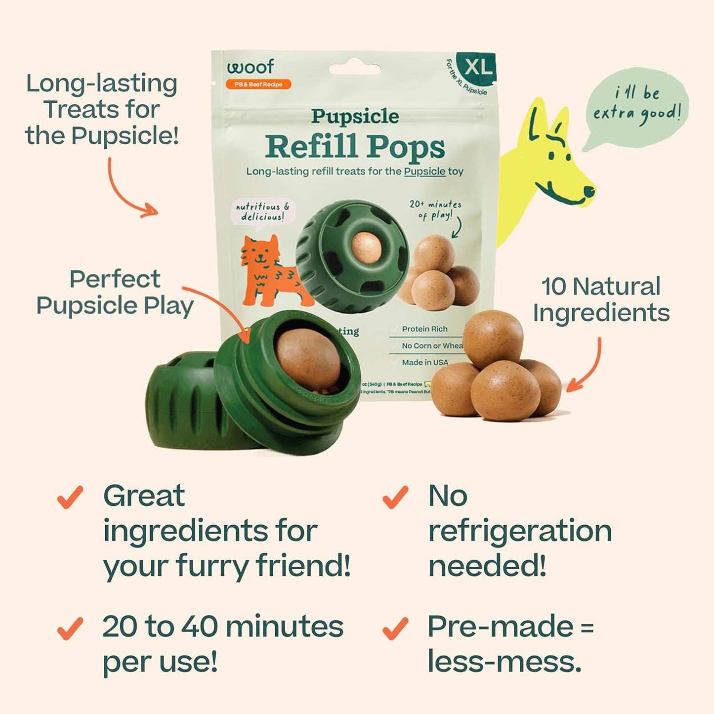 Pupsicle Refill Pops - Low-Mess Dog Snacks - with Peanut Butter and Beef - Dog Treats - Long Lasting - XL Pops - 5 Count