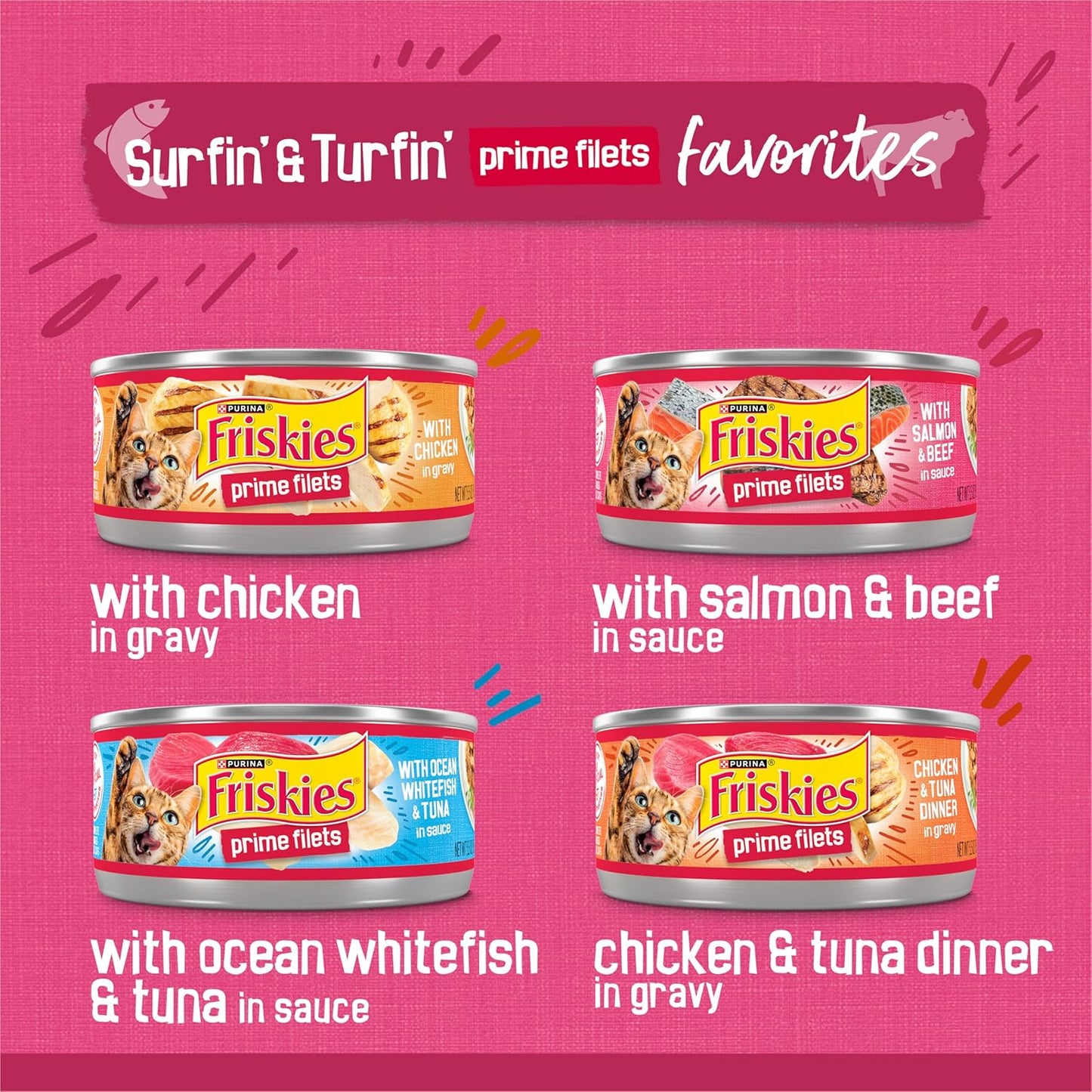 Purina Gravy Wet Cat Food Variety Pack, Surfin’ and Turfin’ Prime Filets Favorites - (Pack of 40) 5.5 Oz. Cans