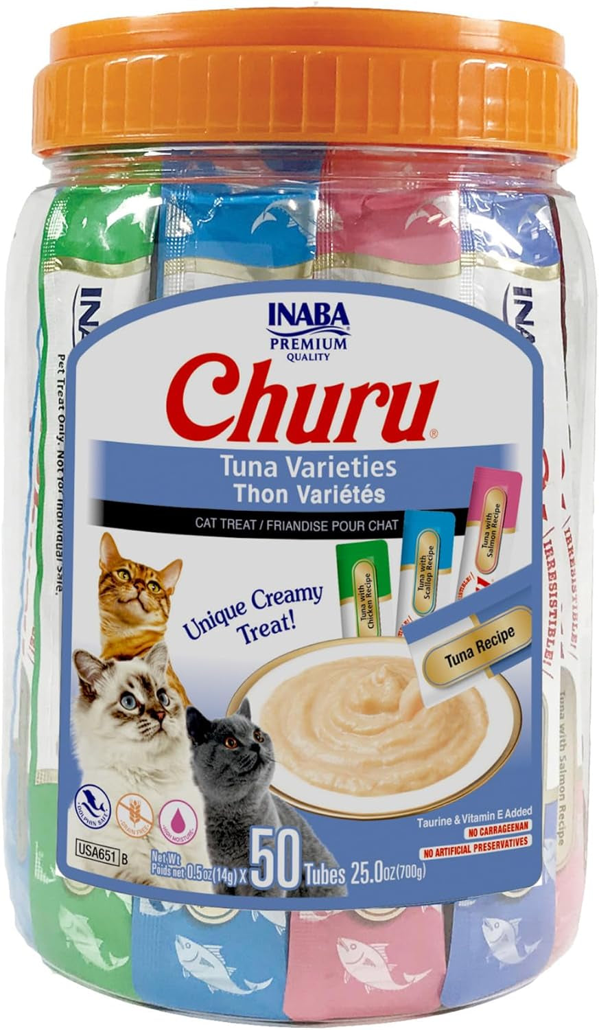 Churu Cat Treats, Grain-Free, Lickable, Squeezable Creamy Purée Cat Treat/Topper with Vitamin E & Taurine, 0.5 Ounces Each Tube, 50 Tubes, Tuna Variety