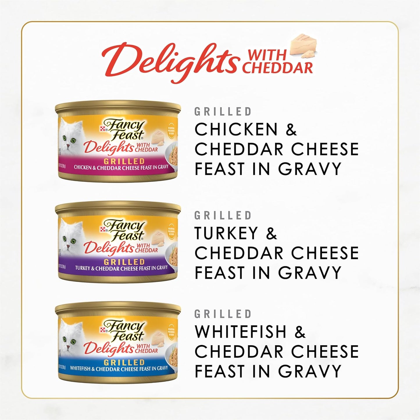 Purina Delights with Cheddar Grilled Chicken, Turkey or Whitefish and Cheddar Cheese Feast in Gravy Wet Cat Food Variety Pack - (Pack of 24) 3 Oz. Cans