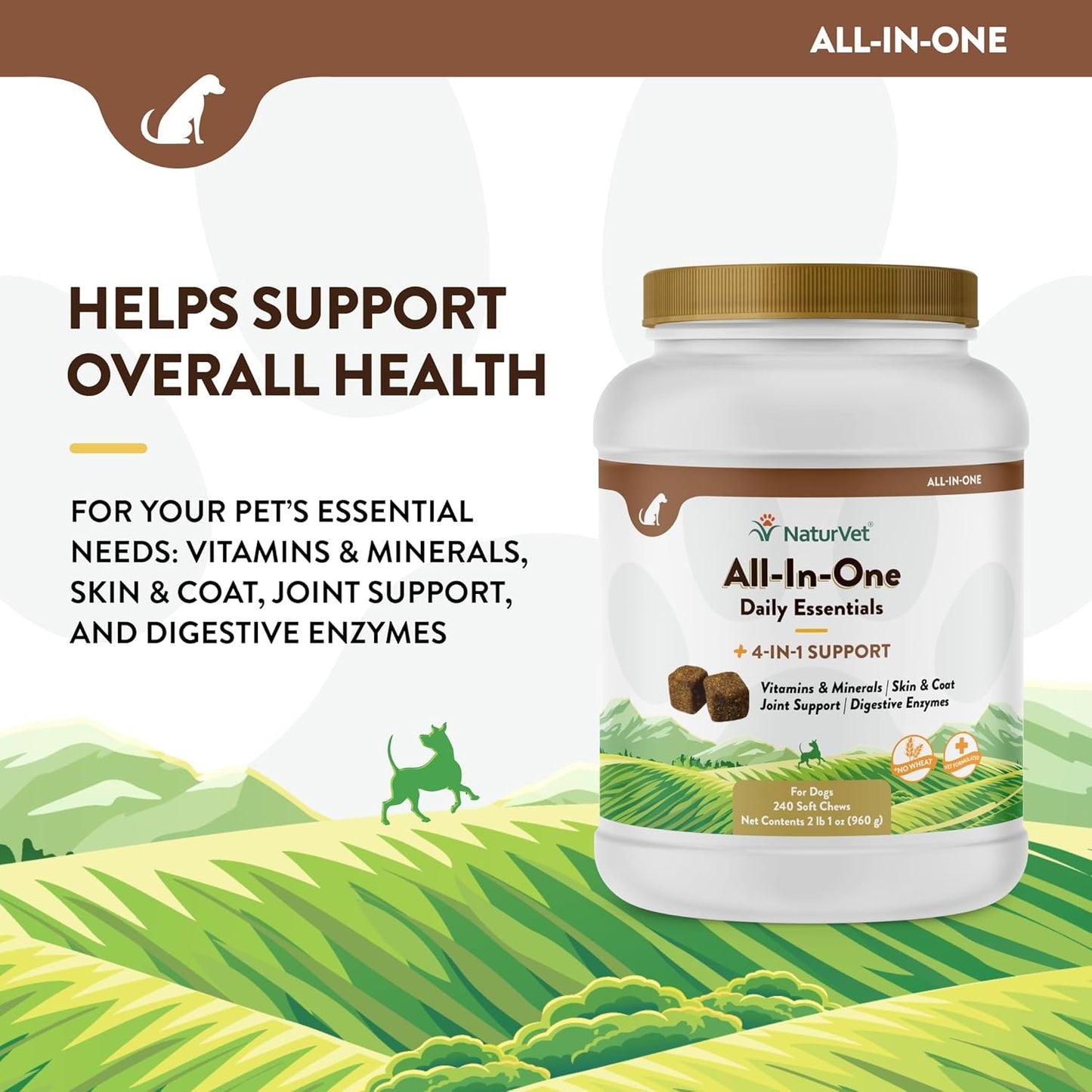 All-In-One Dog Supplement - for Joint Support, Digestion, Skin, Coat Care – Dog Multivitamins with Minerals, Omega-3, 6, 9 – Wheat-Free Vitamins for Dogs – 240 Soft Chews