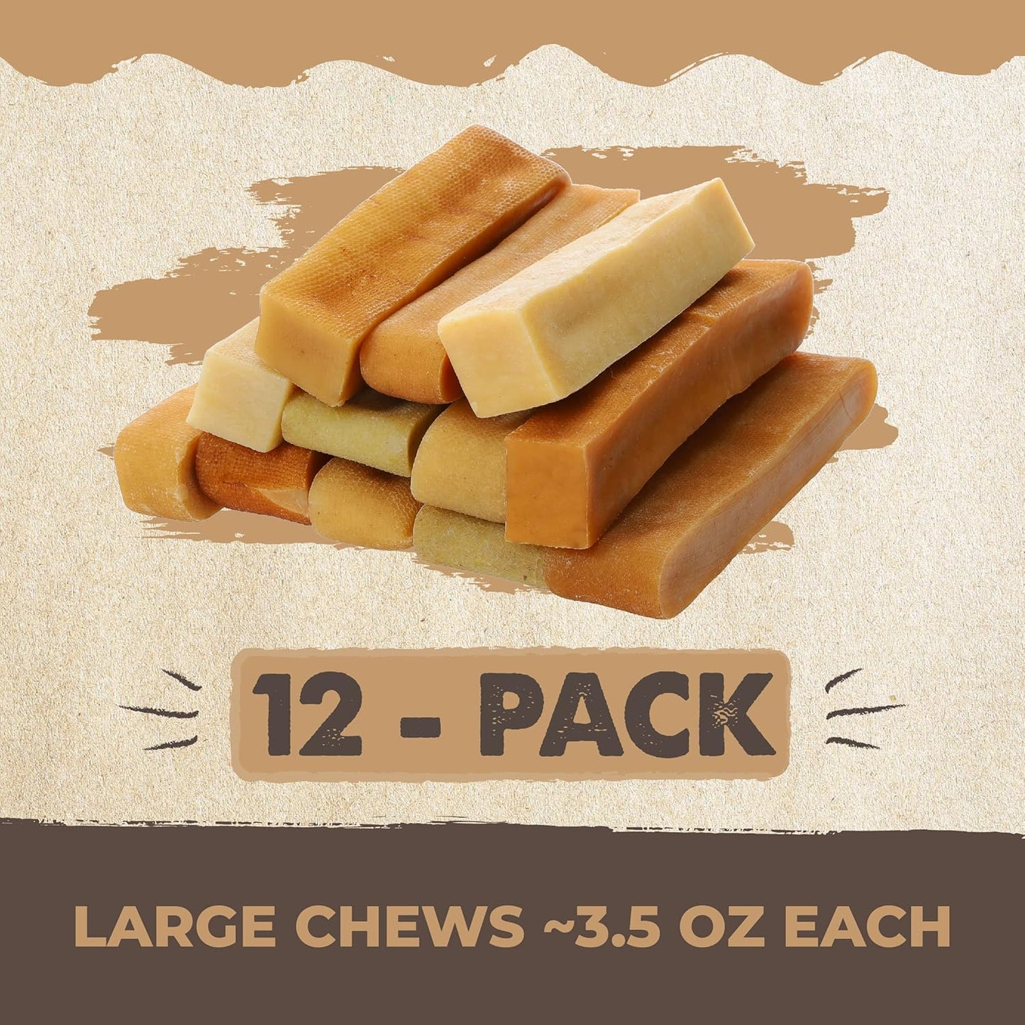 Yak Cheese Chews for Dogs | All-Natural Long Lasting Treats. Odorless and Great for Oral Health. Limited-Ingredient Chews for Puppies & Power-Chewers (Large, 12 Pack)1 Count (Pack of 1)