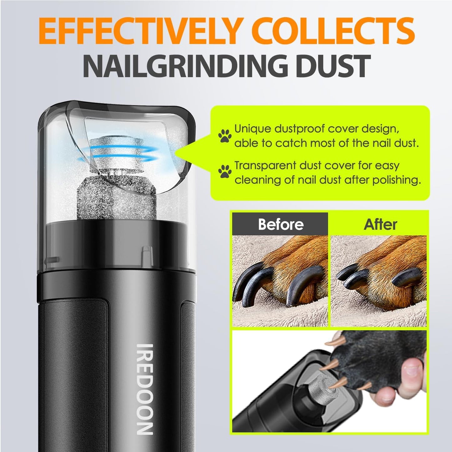 Dog Nail Grinder, Powerful 3-Speed Pet Nail Grinder with 4 LED Lights for Large Dogs & Puppy, Quiet - Rechargeable Dog Nail Trimmer with Dust Cap (Black)