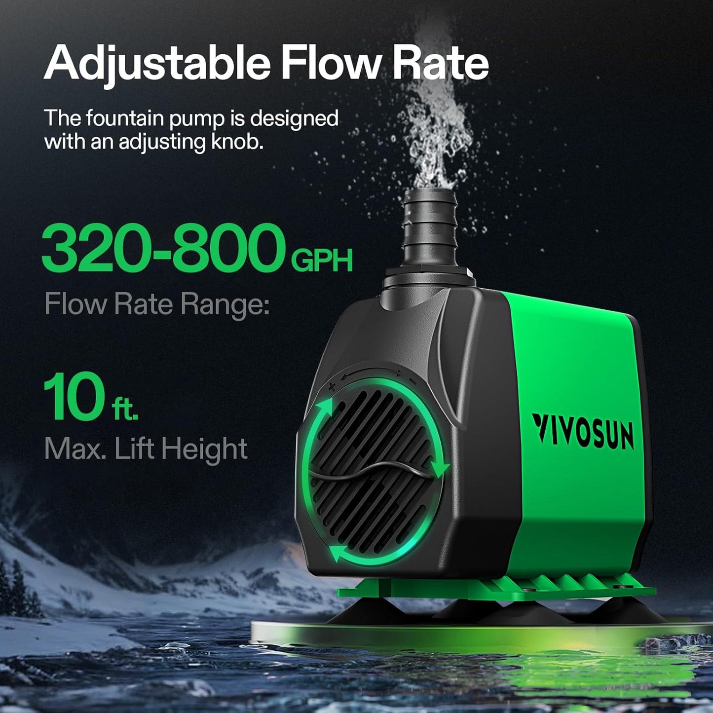 800GPH Submersible Pump(3000L/H, 24W), Ultra Quiet Water Fountain Pump with 10Ft. High Lift with 6.5Ft. Power Cord, 3 Nozzles for Fish Tank, Pond, Aquarium, Statuary, Hydroponics Green
