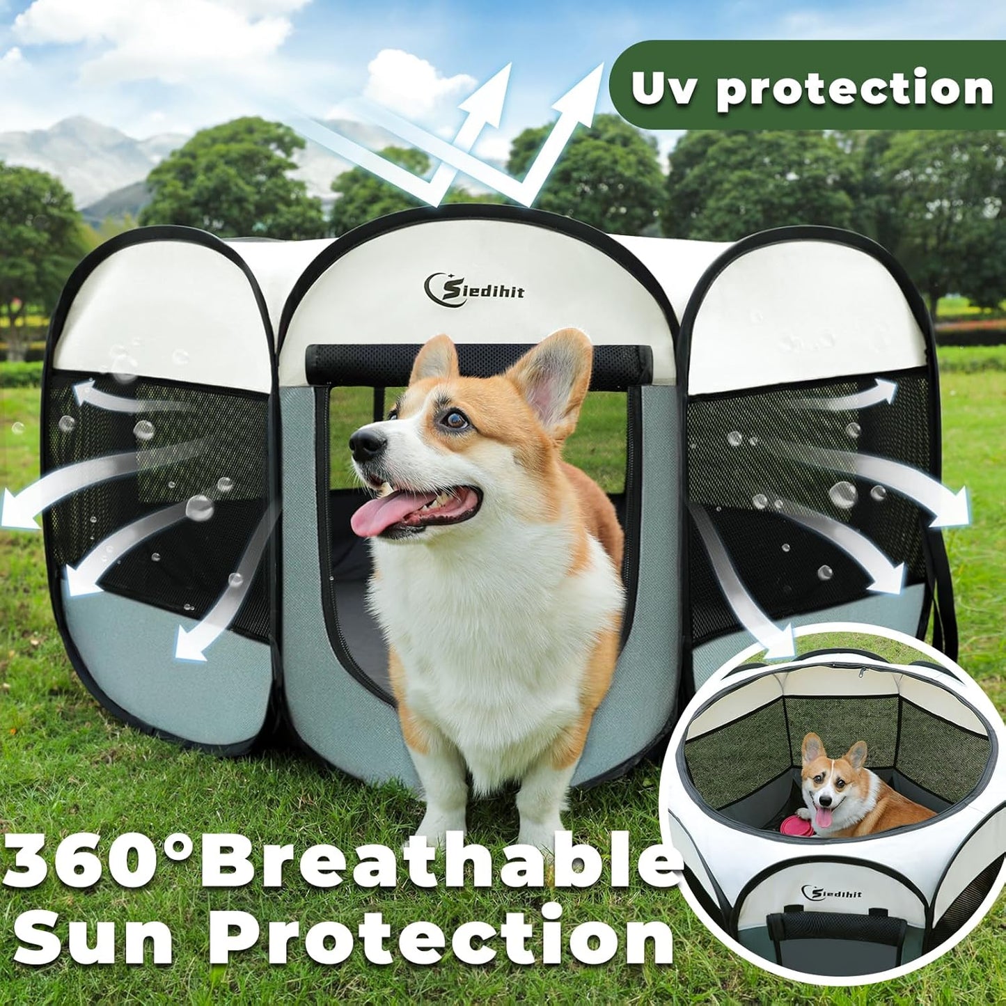 Dog Playpen, Puppy Pet Playpen, Medium Dogs Tent Crates Cage Indoor/Outdoor, Portable Pop up Dog Kennel Playpen with Carrying Case for Dogs/Cats/Rabbits, Removable Zipper Top, Grey