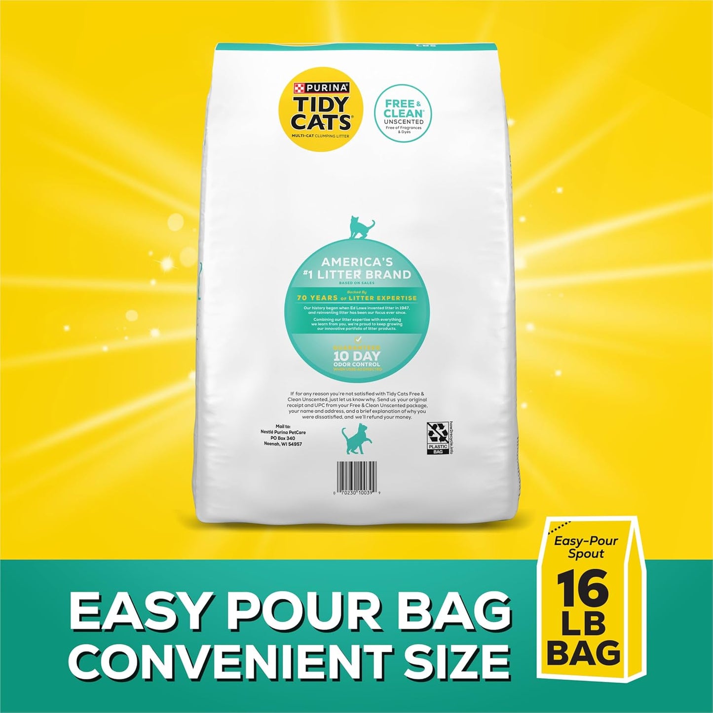 Purina Clumping Cat Litter Odor Control, Free and Clean Unscented Multi Cat Litter - 16 Lb. Bag