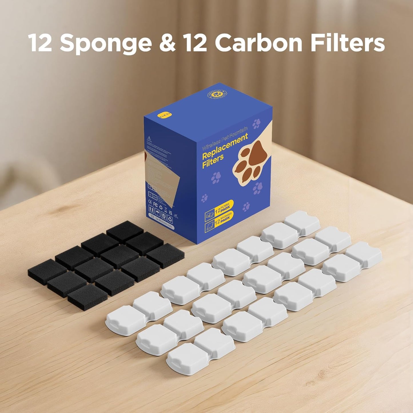 Cat Water Fountain Filter: 24 Cat Fountain Filter Replacement - 24 Pet Fountain Filter - 12 Carbon Filters & 12 Foam Filters - Suitable for Stainless Steel Cat Fountain S11