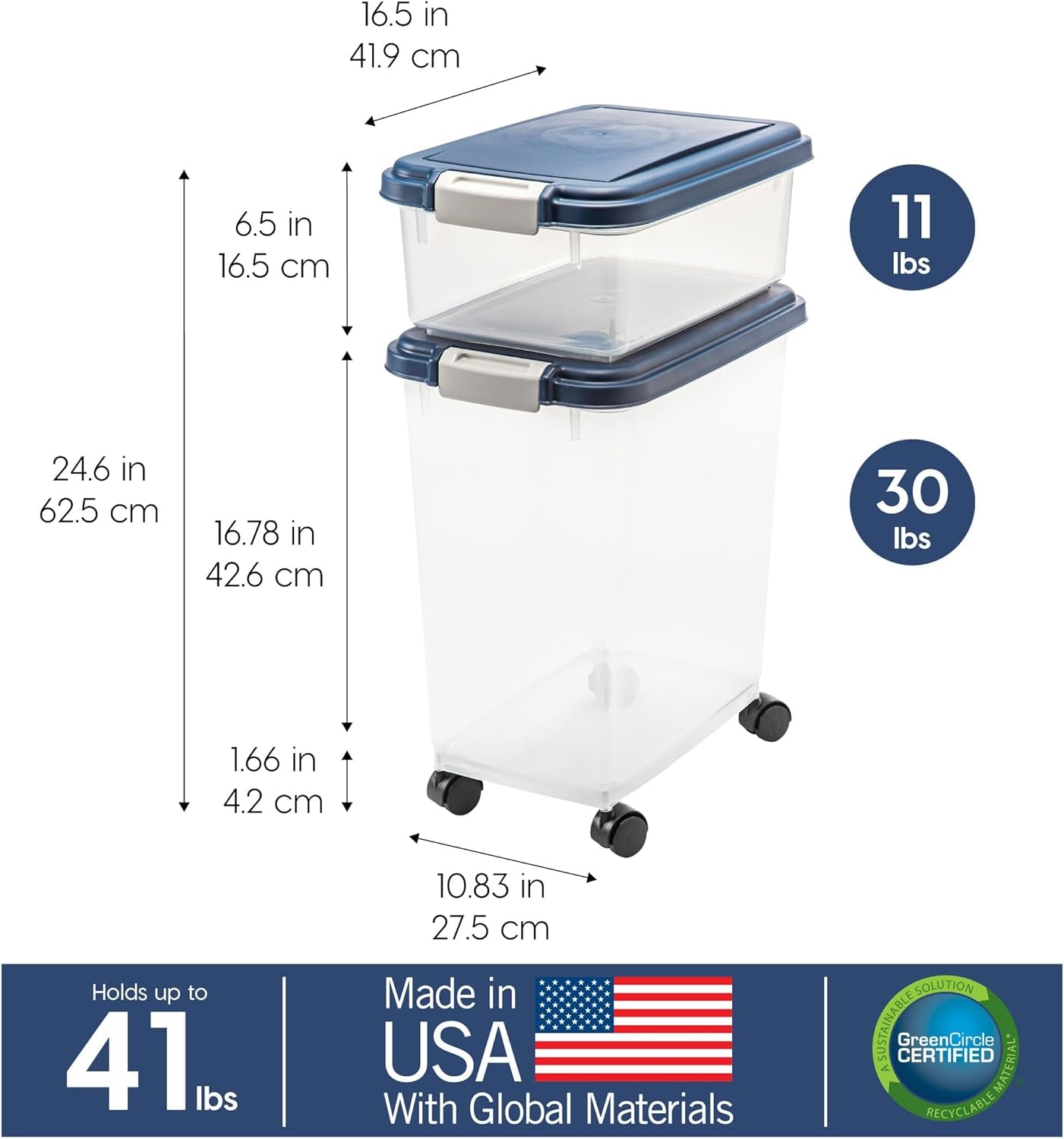 2-Piece 41 Lbs / 45 Qt Weatherpro Airtight Pet Food Storage Container Combo and Treat Box for Dog Cat and Bird Food, Stackable, Keep Fresh, Translucent Body, Easy Mobility, Navy