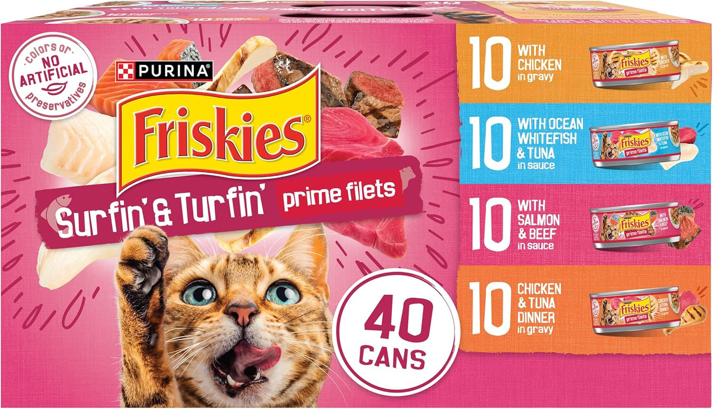 Purina Gravy Wet Cat Food Variety Pack, Surfin’ and Turfin’ Prime Filets Favorites - (Pack of 40) 5.5 Oz. Cans