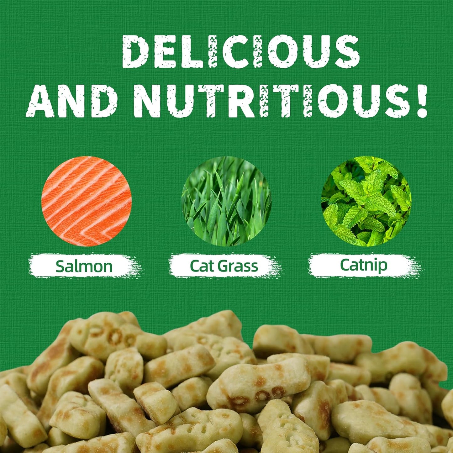13.4 OZ Cat Grass Treats for Indoor Cats Hairball Control Natural Salmon Kitten Treats Healthy Cat Snacks Training Biscuits Catnip for Cats Dental Care