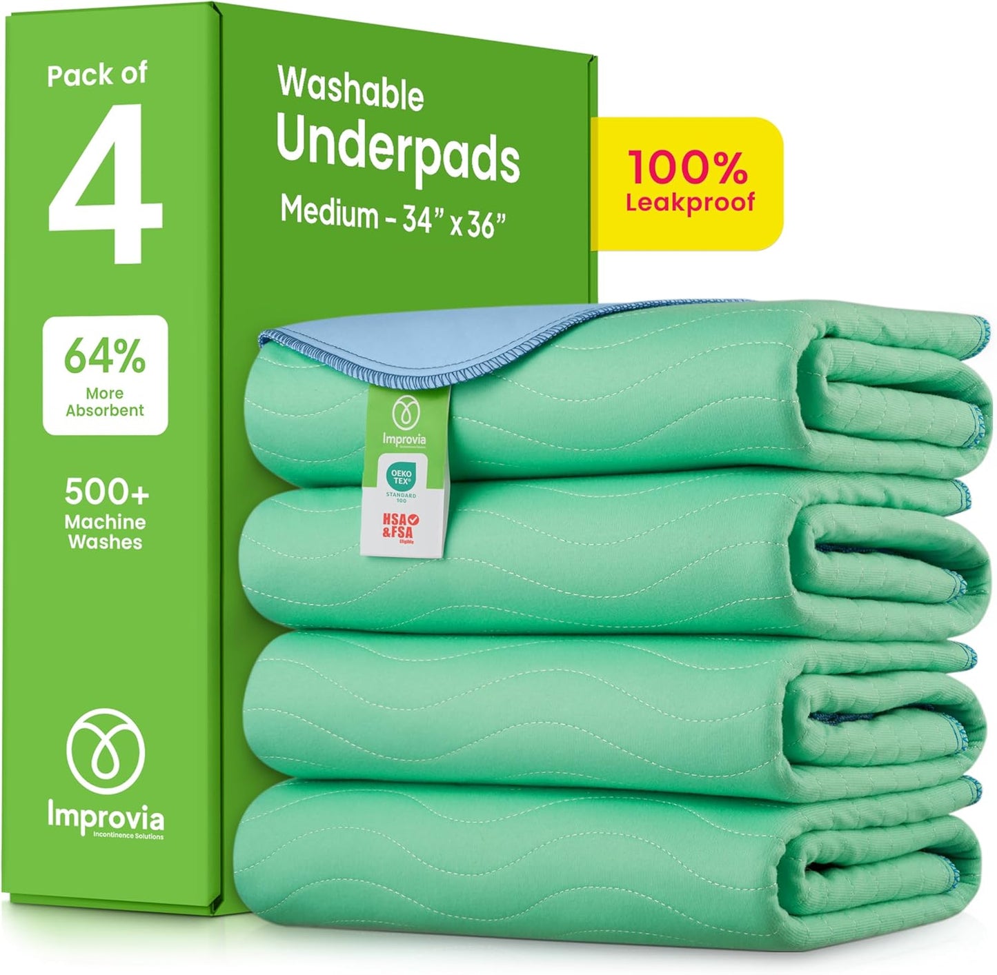 ® Washable Underpads, 34" X 36" (Pack of 4) - Heavy Absorbency Reusable Bedwetting Incontinence Pads for Kids, Adults, Elderly, and Pets - Waterproof Protective Pad for Bed, Couch, Sofa, Floor