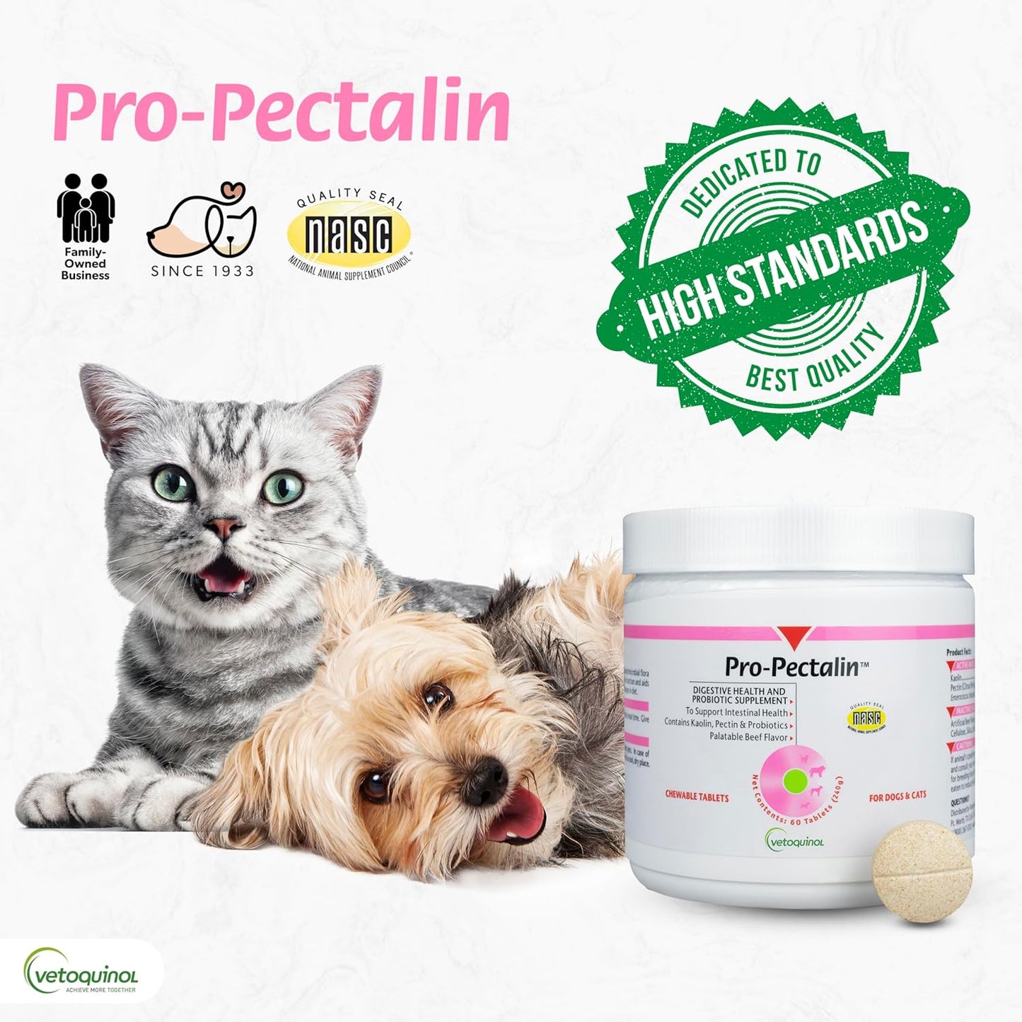 Pro-Pectalin Chewable Tablets for Dogs & Cats, Helps Relieve Occasional Diarrhea, Situational Diarrhea Relief with Kaolin and Pectin, Contains Beneficial Probiotic Bacteria, 60Ct